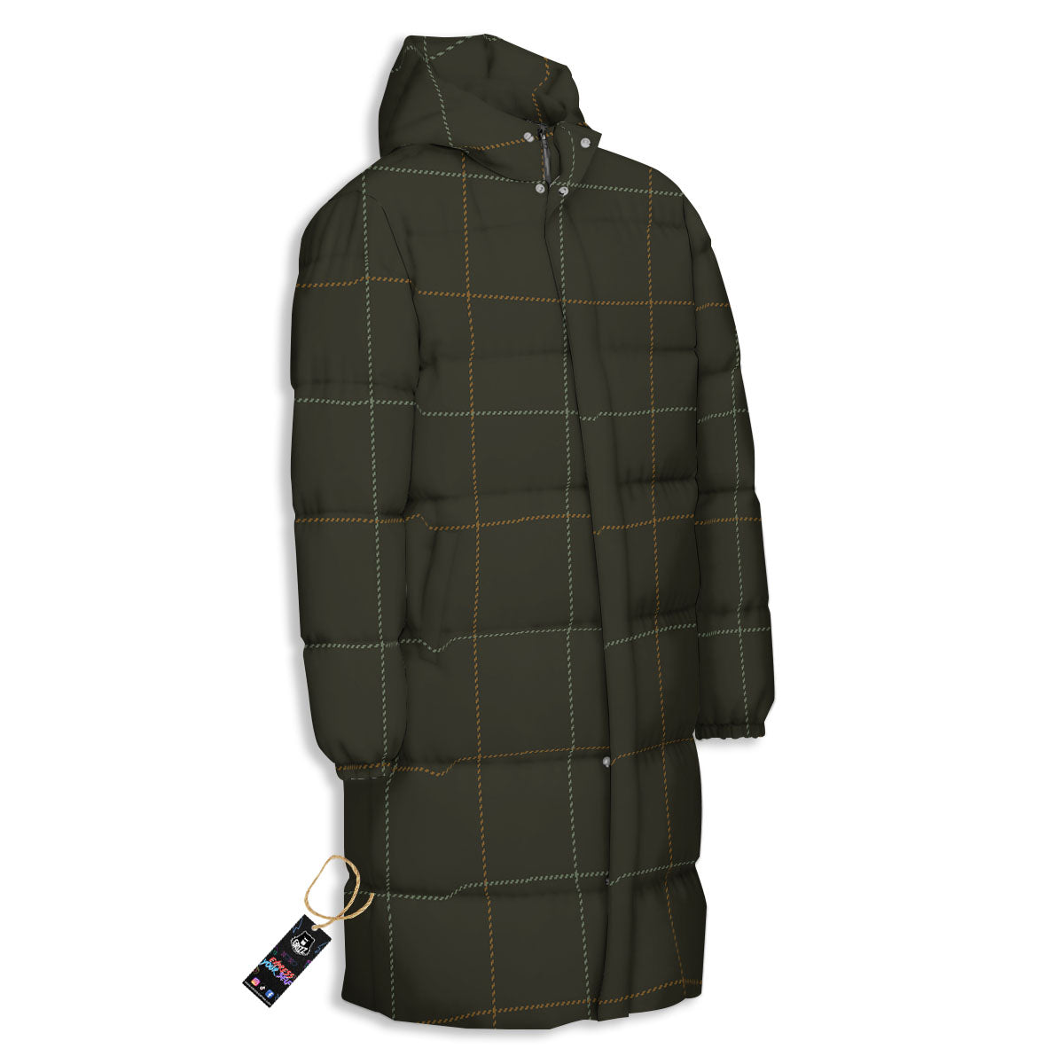 Dark Green Tattersall Print Pattern Long Down Jacket-grizzshop