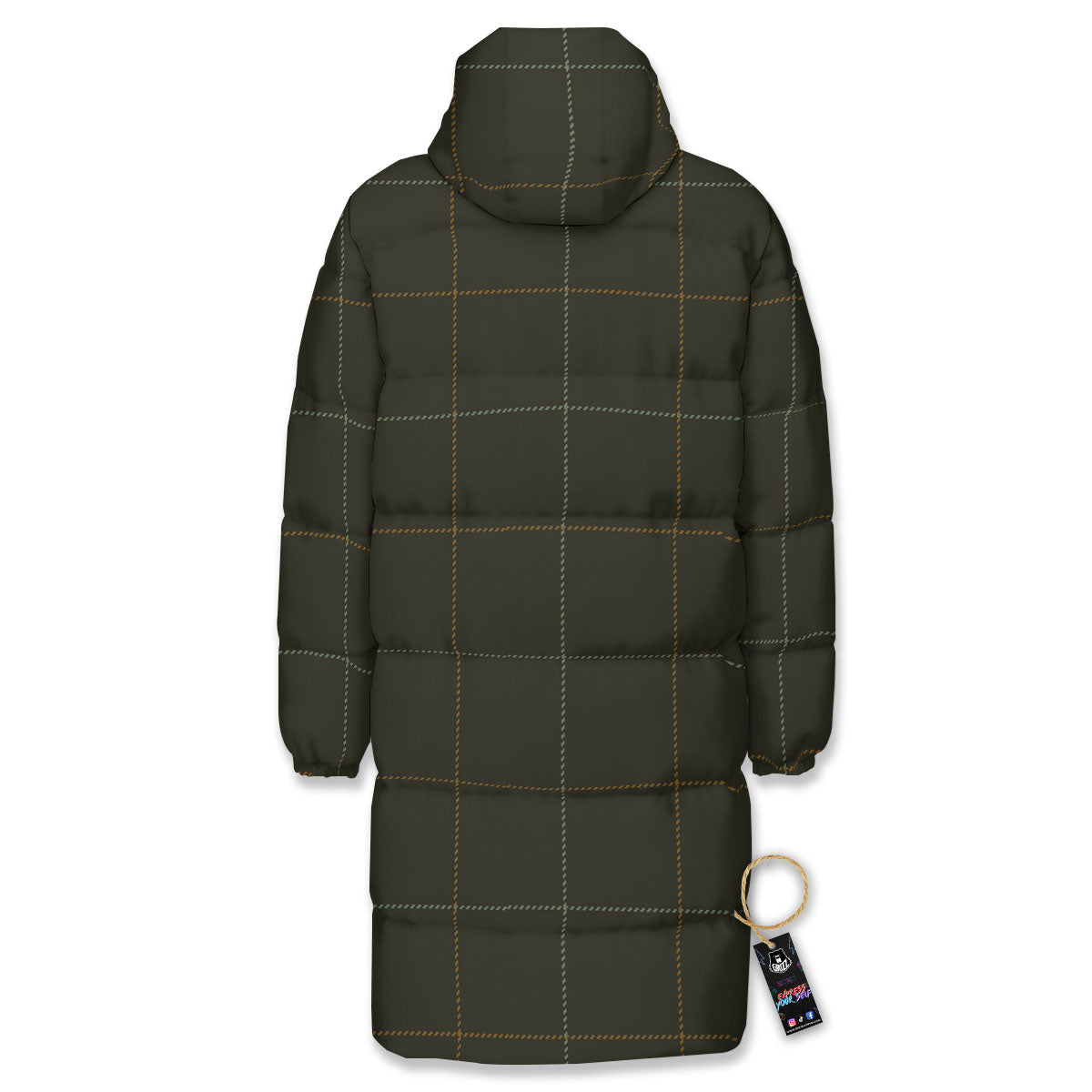 Dark Green Tattersall Print Pattern Long Down Jacket-grizzshop