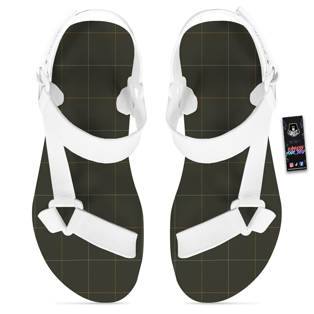 Dark Green Tattersall Print Pattern White Open Toe Sandals-grizzshop
