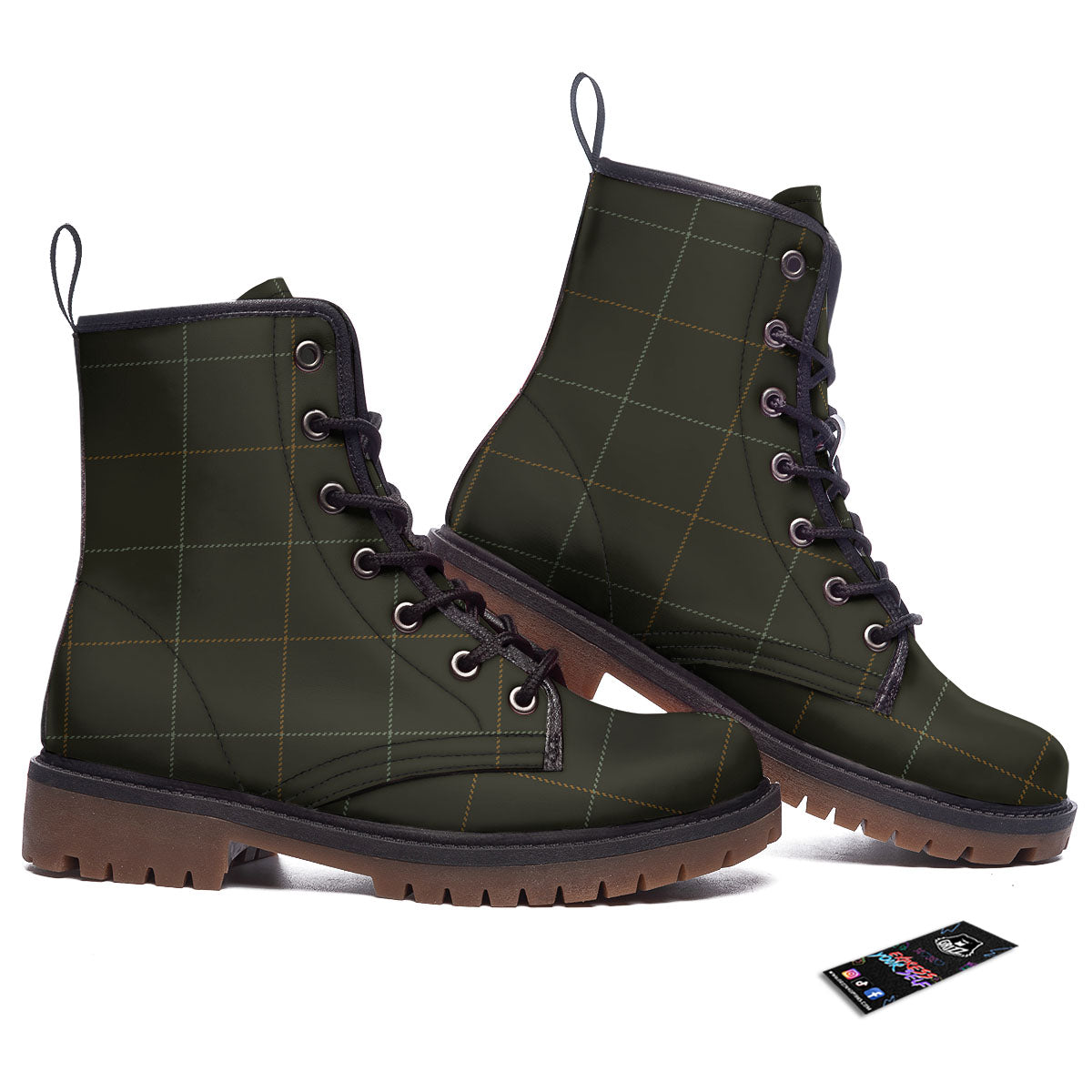 Dark Green Tattersall Print Pattern Work Boots-grizzshop