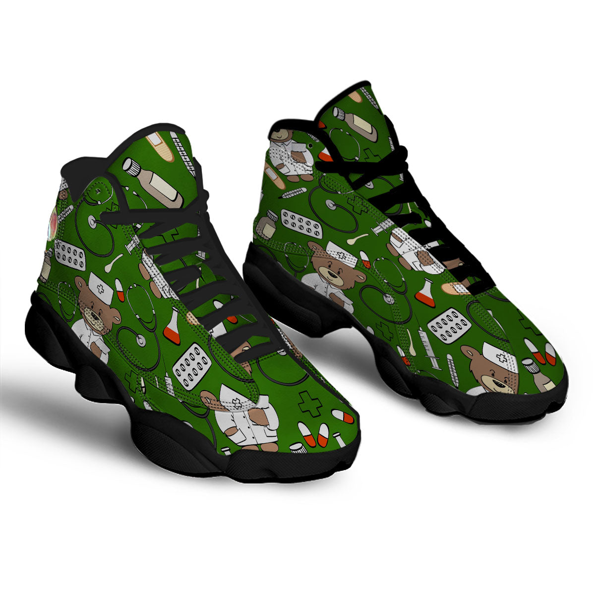 Dark Green Teddy Bear Nurse Black Basketball Shoes-grizzshop