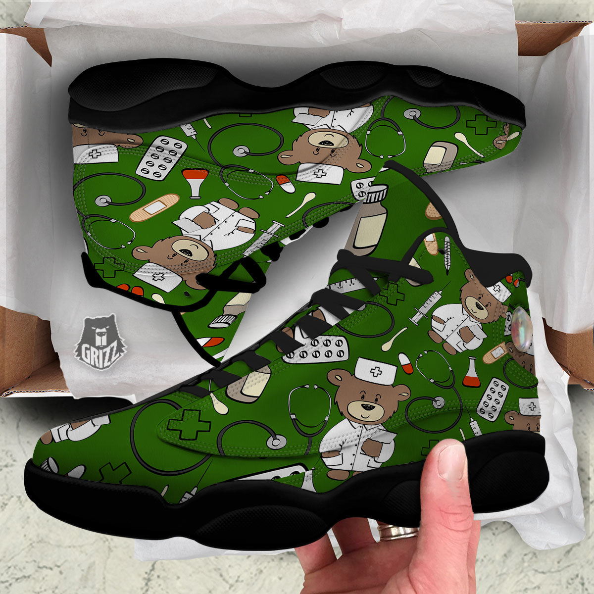 Dark Green Teddy Bear Nurse Black Basketball Shoes-grizzshop