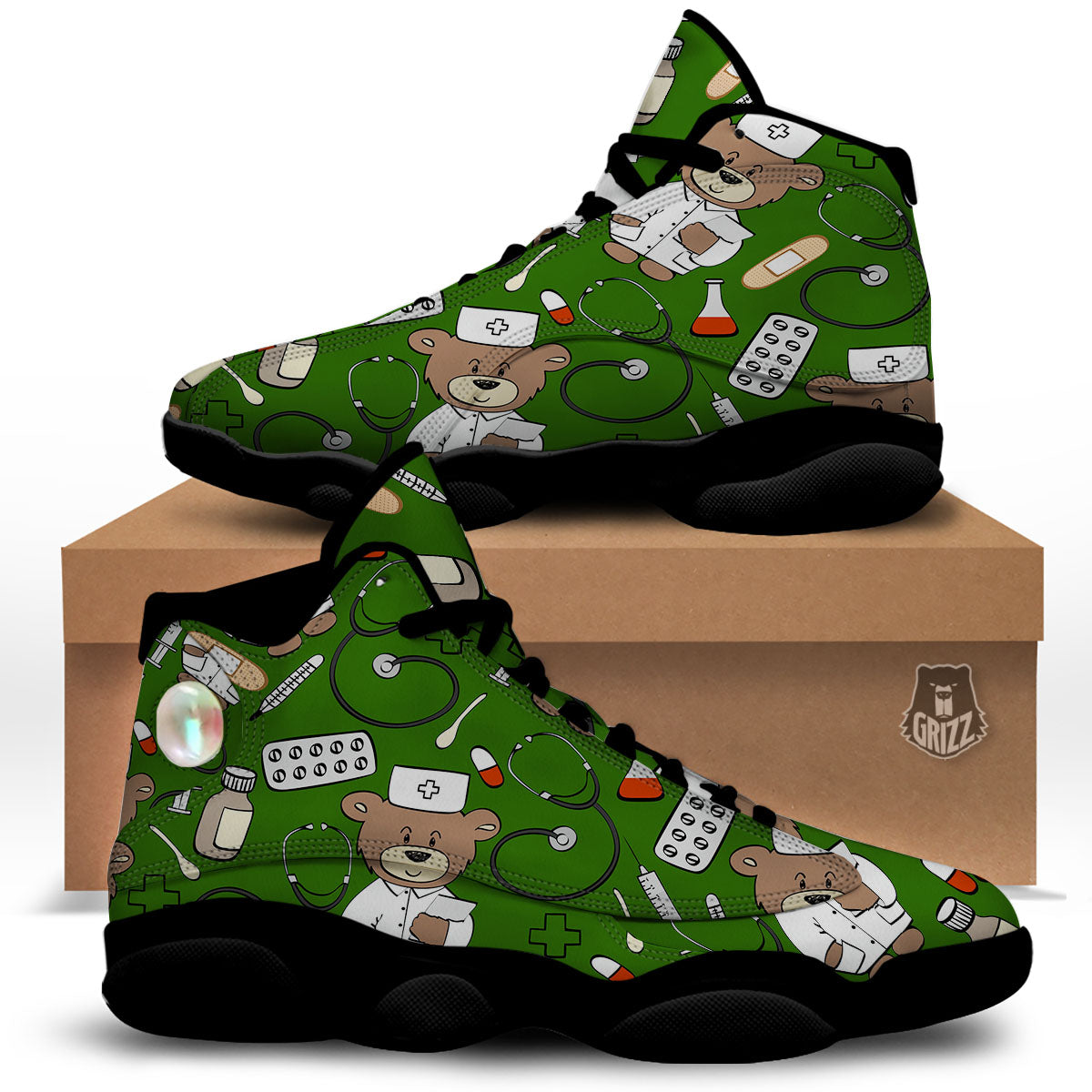Dark Green Teddy Bear Nurse Black Basketball Shoes-grizzshop