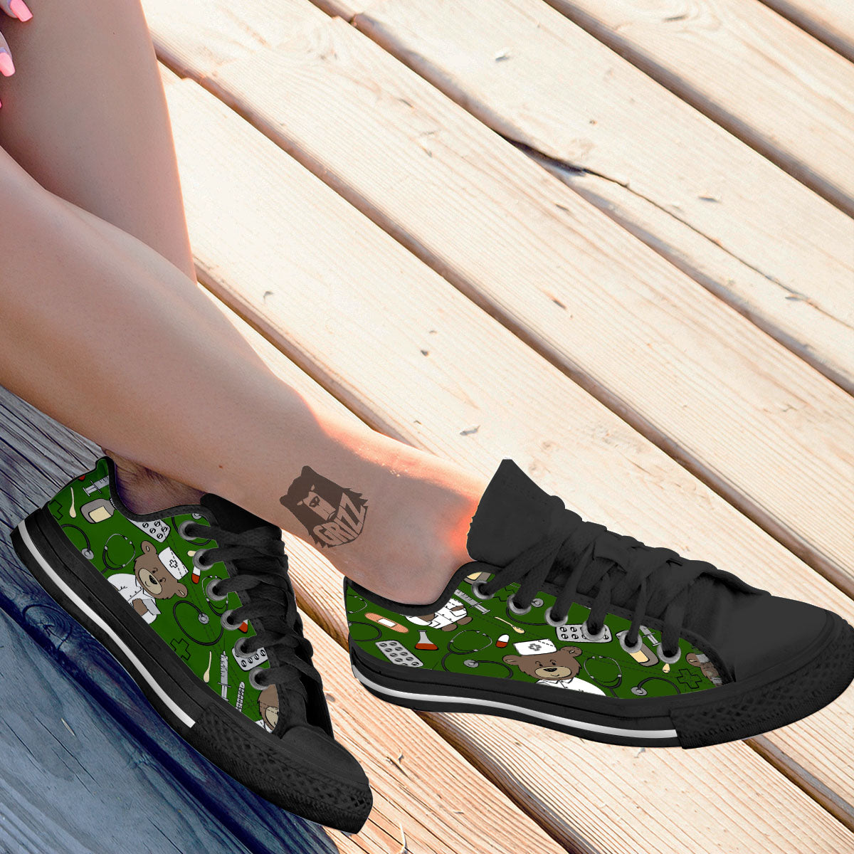 Dark Green Teddy Bear Nurse Black Low Top Shoes-grizzshop