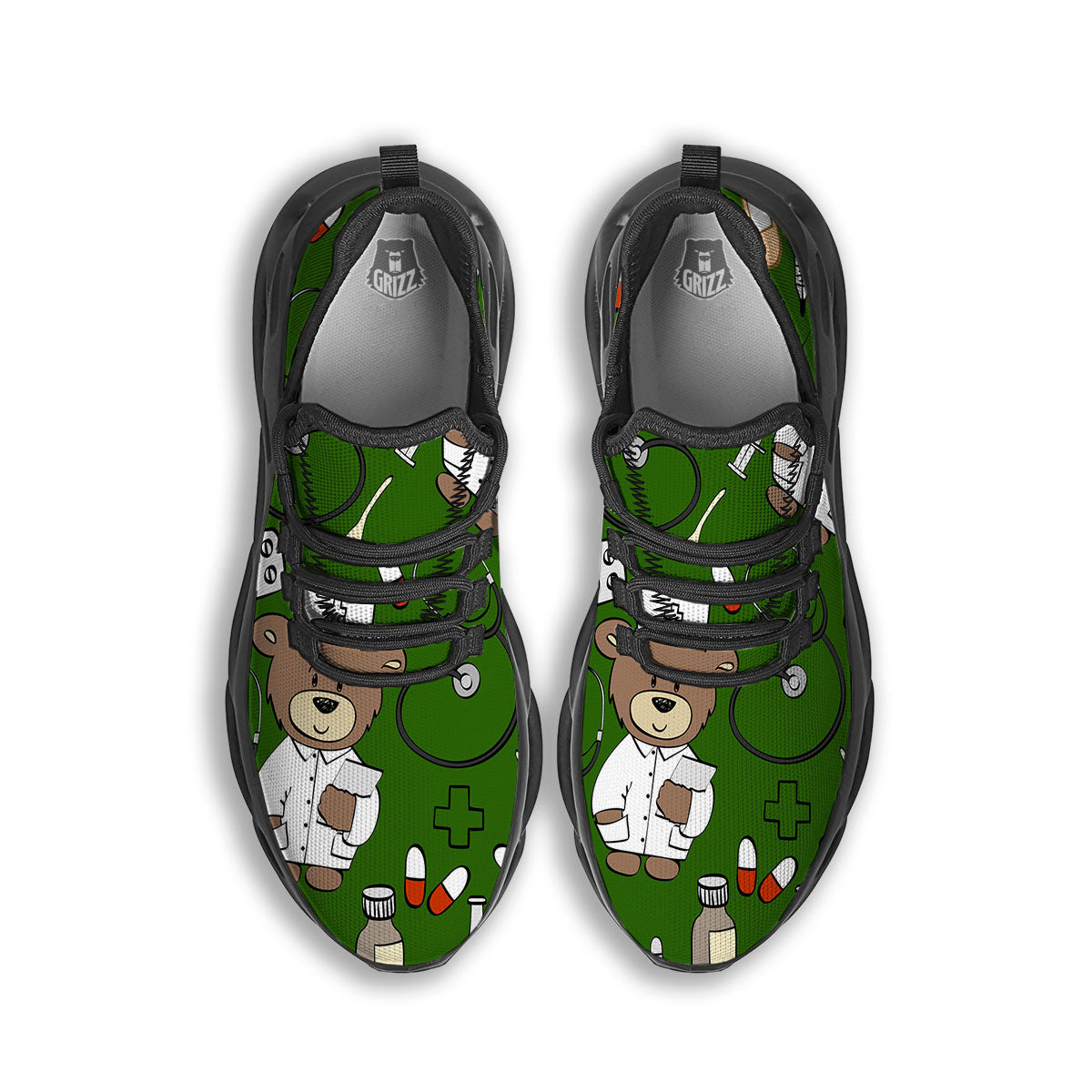 Dark Green Teddy Bear Nurse Black Running Shoes-grizzshop