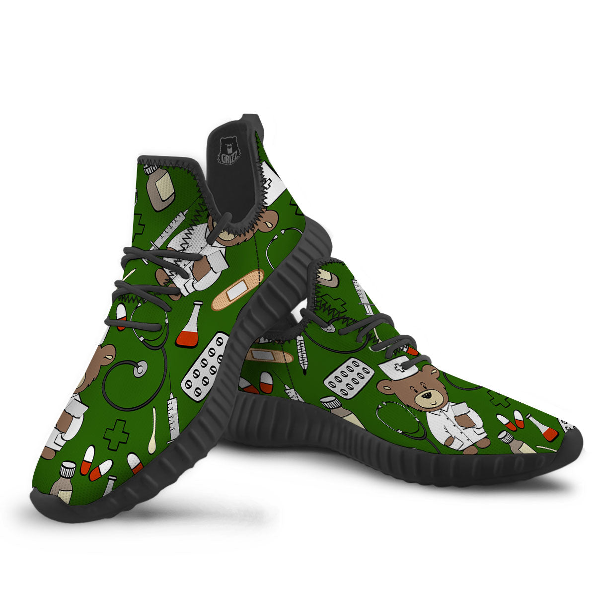 Dark Green Teddy Bear Nurse Black Walking Shoes-grizzshop