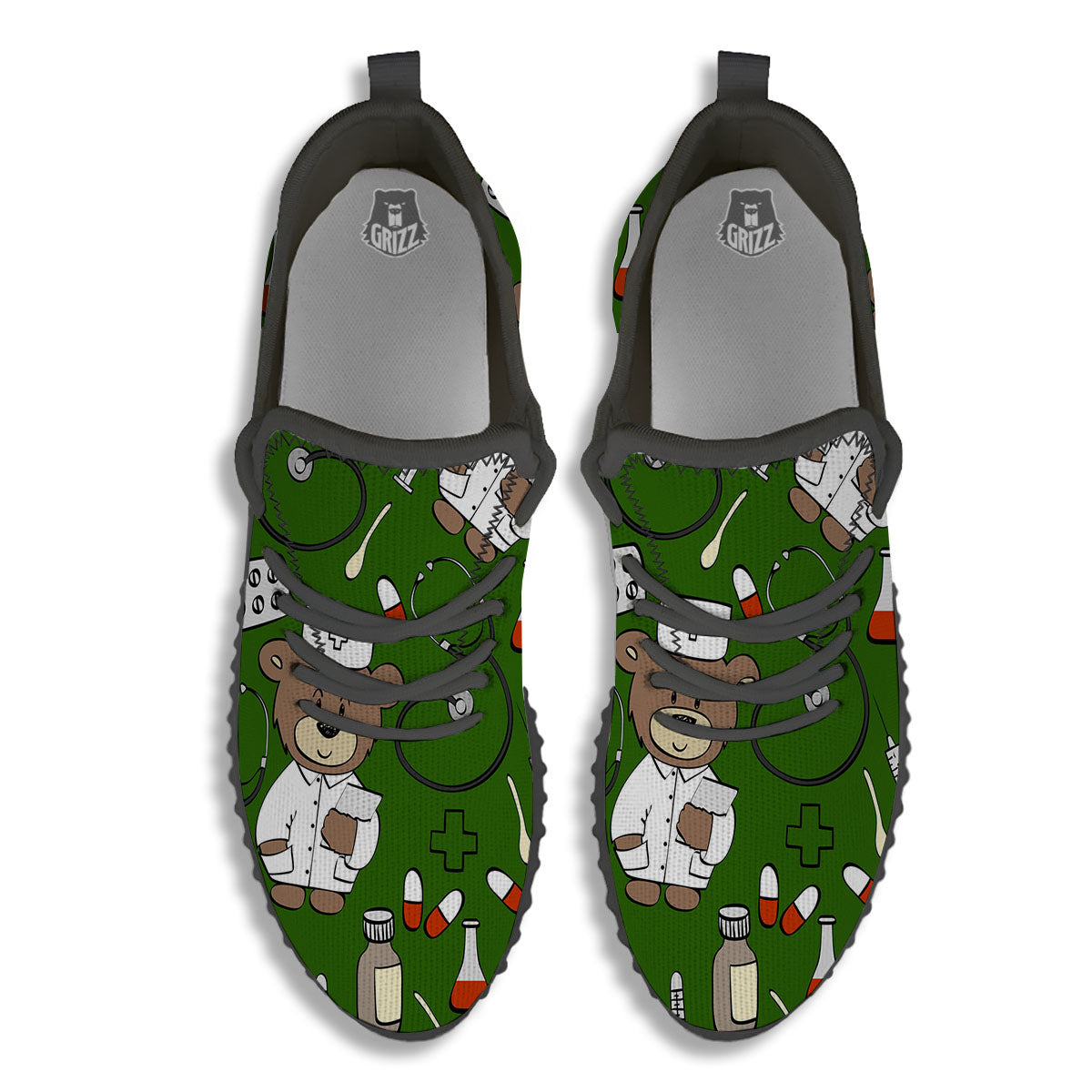 Dark Green Teddy Bear Nurse Black Walking Shoes-grizzshop