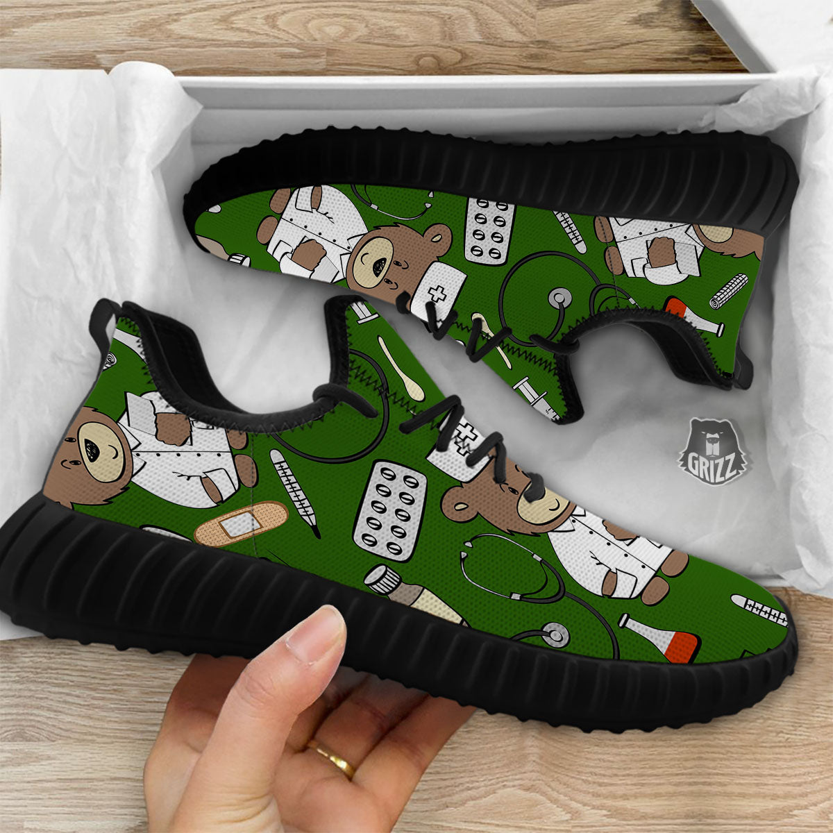 Dark Green Teddy Bear Nurse Black Walking Shoes-grizzshop