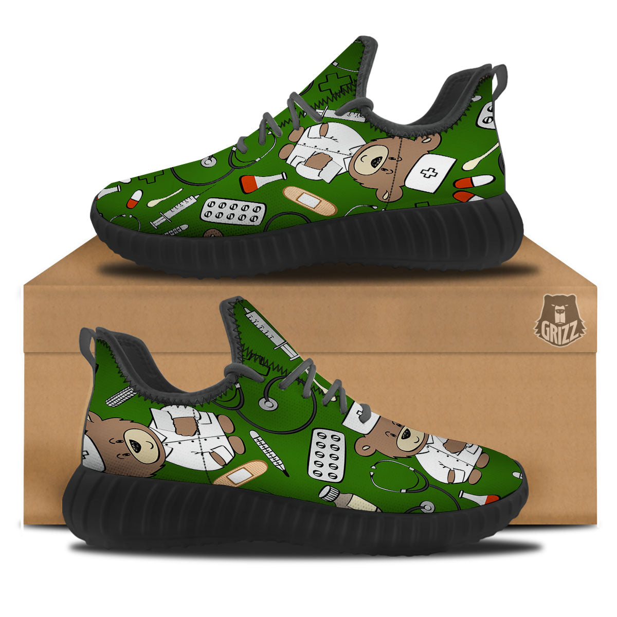 Dark Green Teddy Bear Nurse Black Walking Shoes-grizzshop