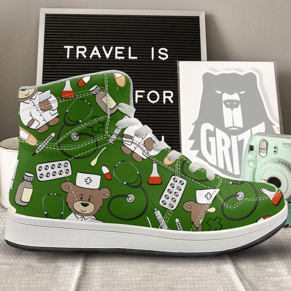Dark Green Teddy Bear Nurse High Top Sneakers-grizzshop