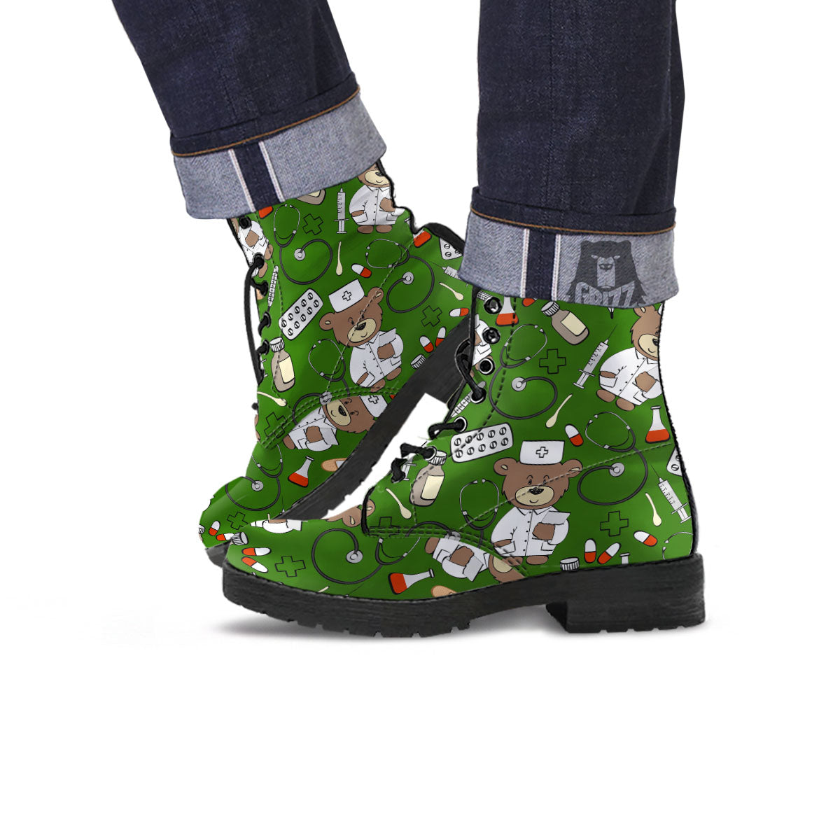 Dark Green Teddy Bear Nurse Leather Boots-grizzshop