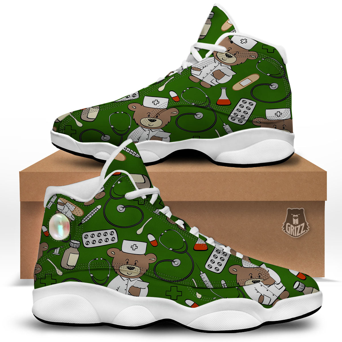Dark Green Teddy Bear Nurse White Basketball Shoes-grizzshop