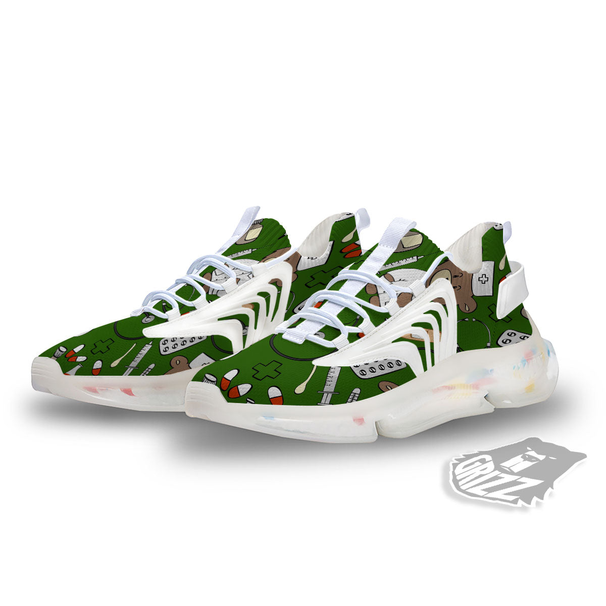 Dark Green Teddy Bear Nurse White Gym Shoes-grizzshop