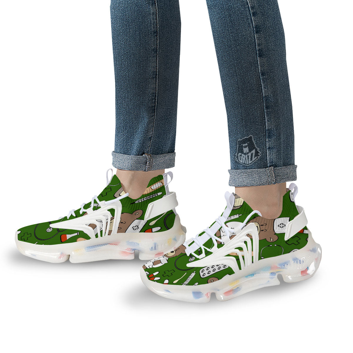 Dark Green Teddy Bear Nurse White Gym Shoes-grizzshop