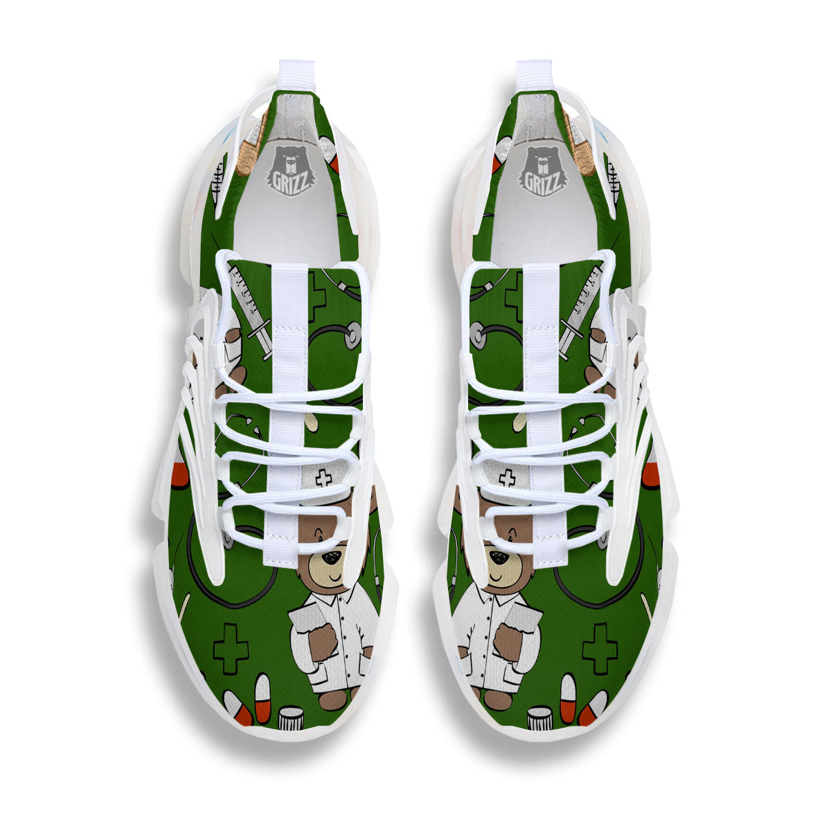 Dark Green Teddy Bear Nurse White Gym Shoes-grizzshop