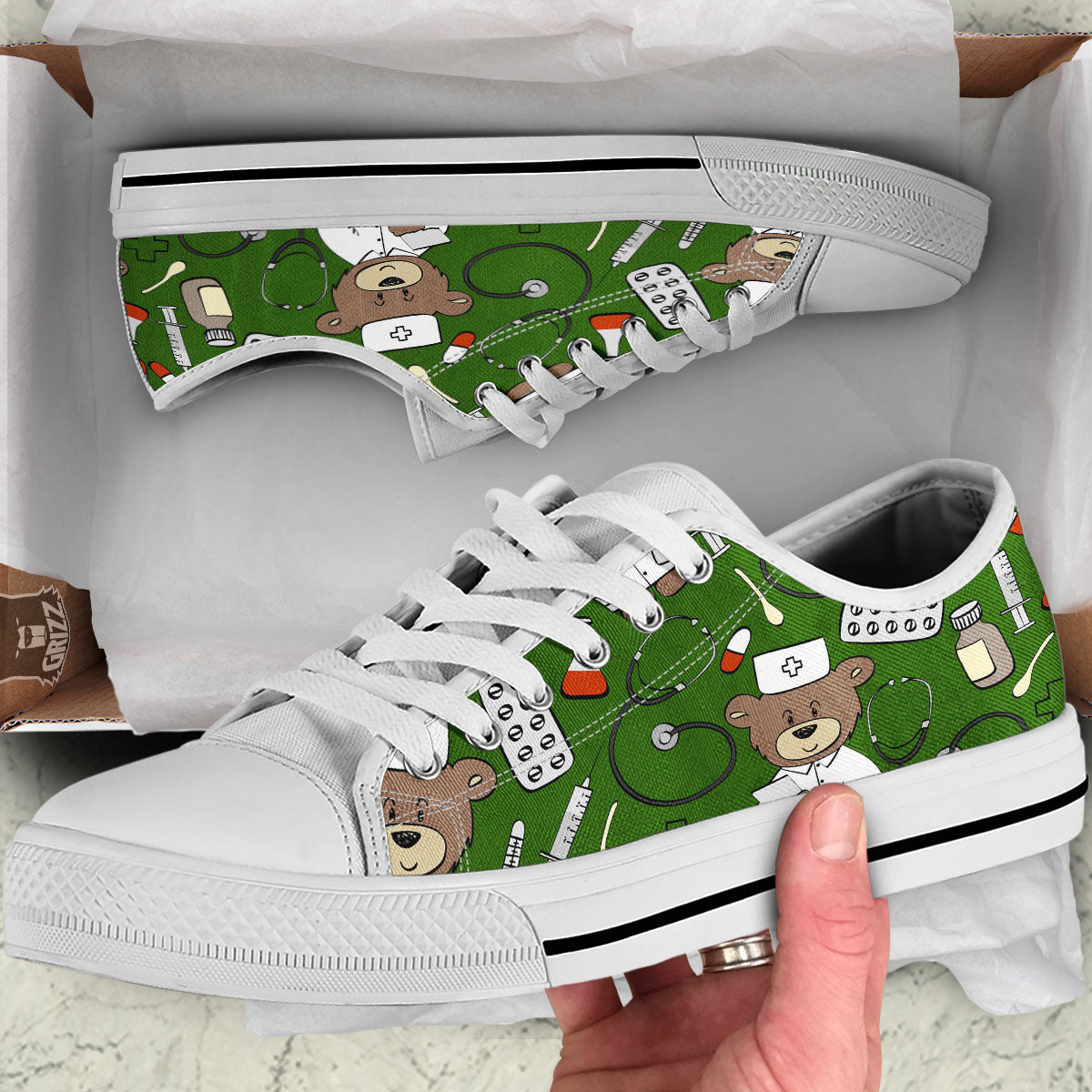 Dark Green Teddy Bear Nurse White Low Top Shoes-grizzshop