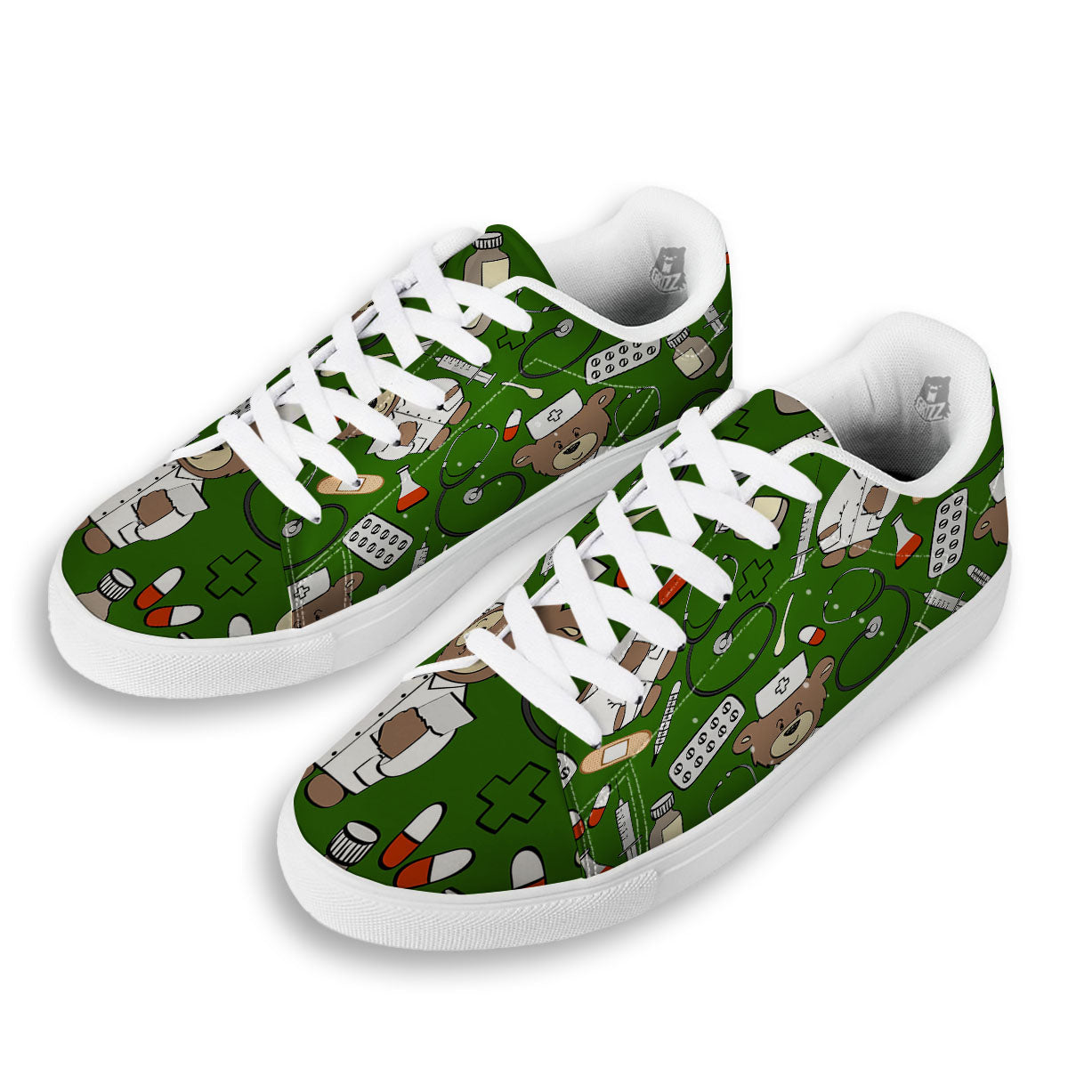 Dark Green Teddy Bear Nurse White Low Top Sneakers-grizzshop