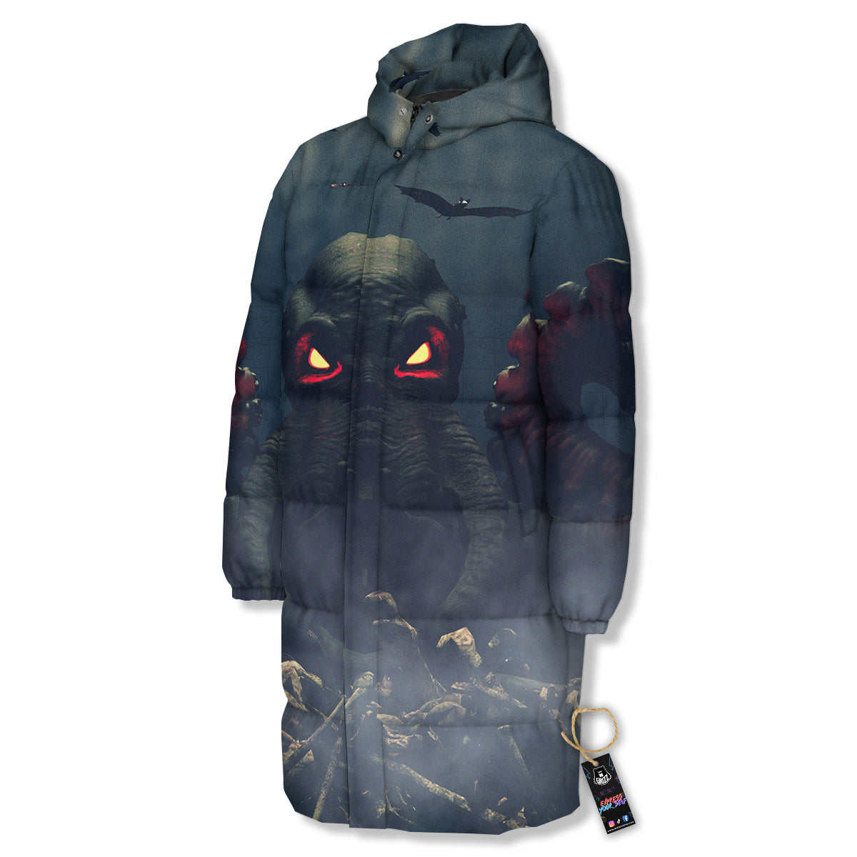 Dark Cthulhu Octopus And Bones Print Long Down Jacket