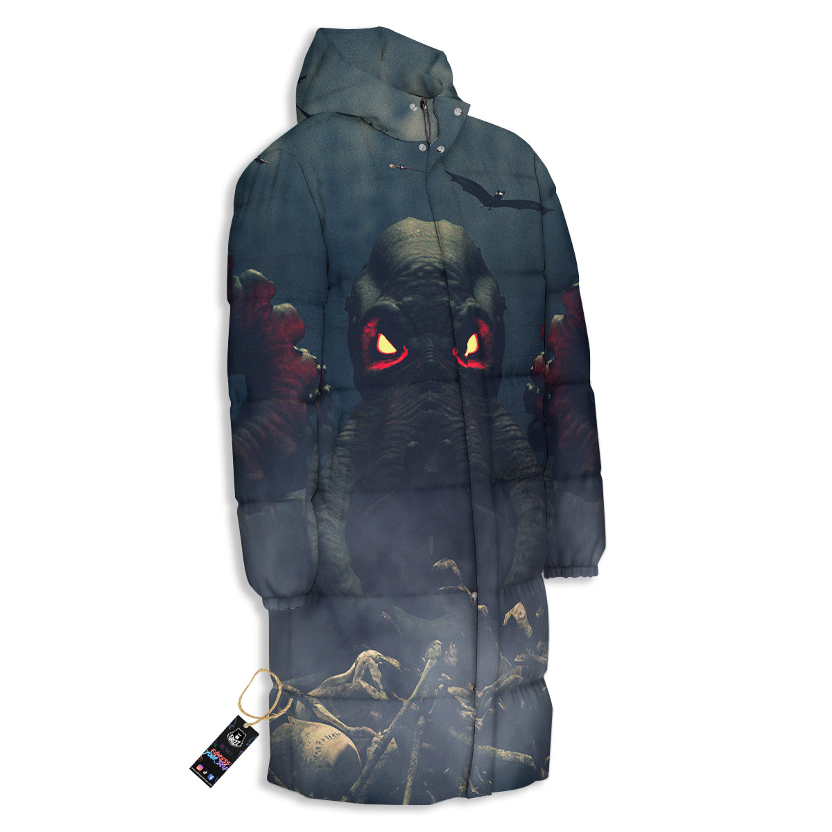 Dark Cthulhu Octopus And Bones Print Long Down Jacket