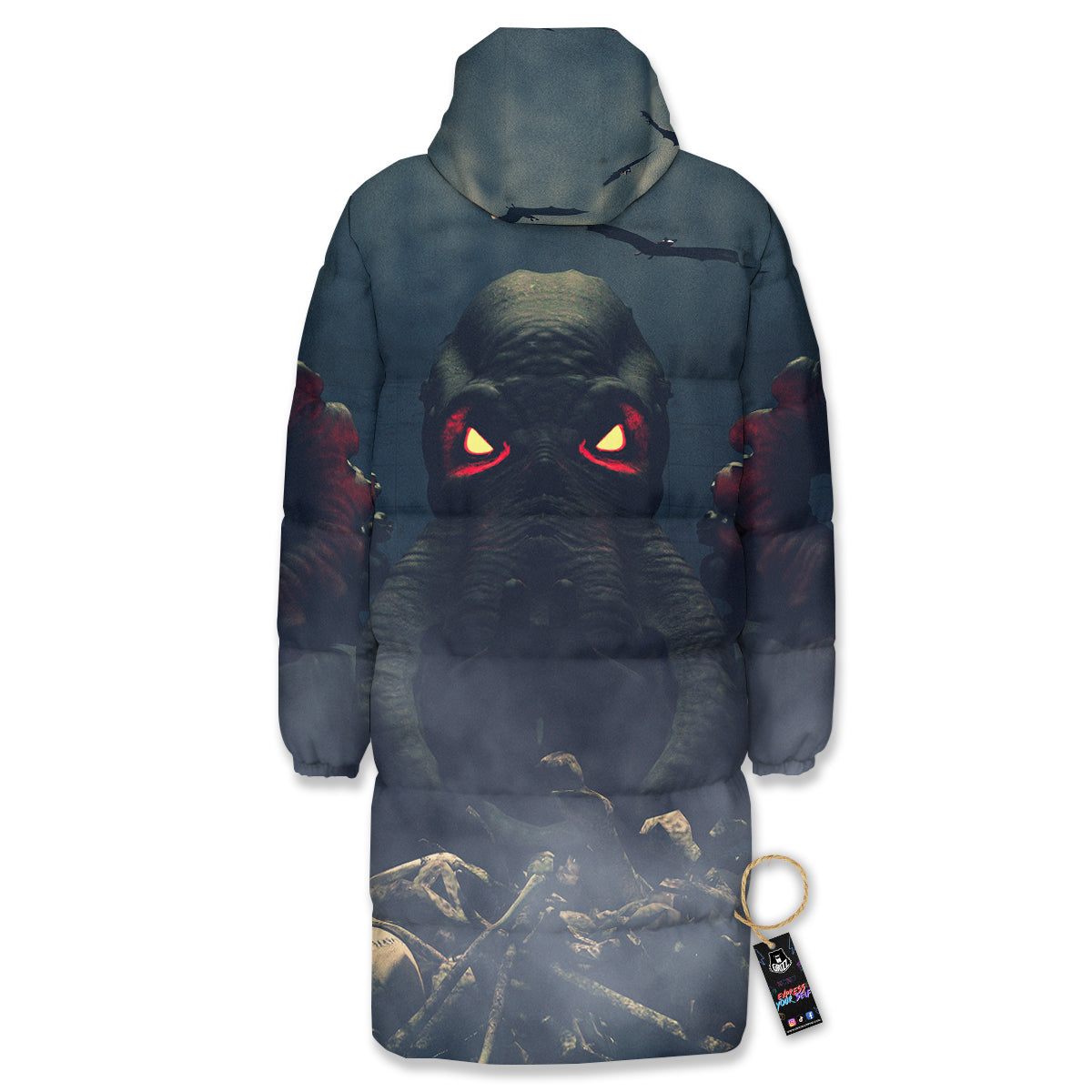Dark Cthulhu Octopus And Bones Print Long Down Jacket