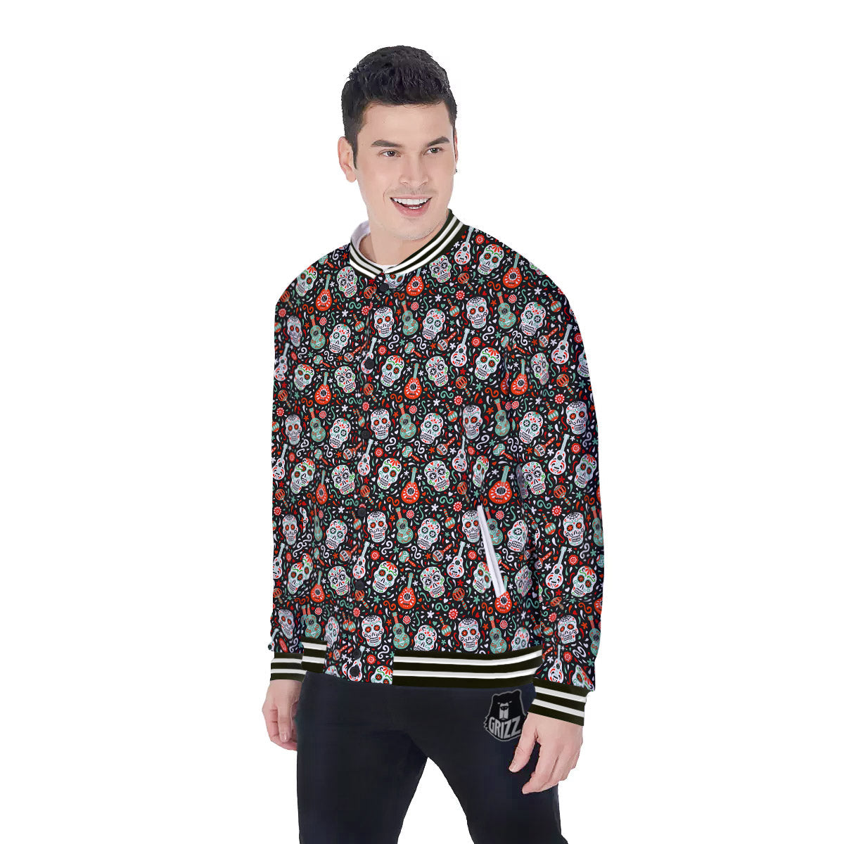 Day Of The Dead Calaveras Print Pattern Baseball Jacket-grizzshop