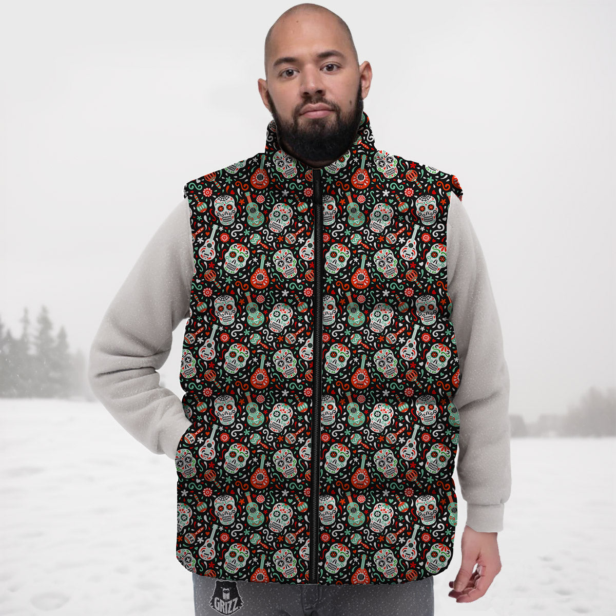 Day Of The Dead Calaveras Print Pattern Down Vest