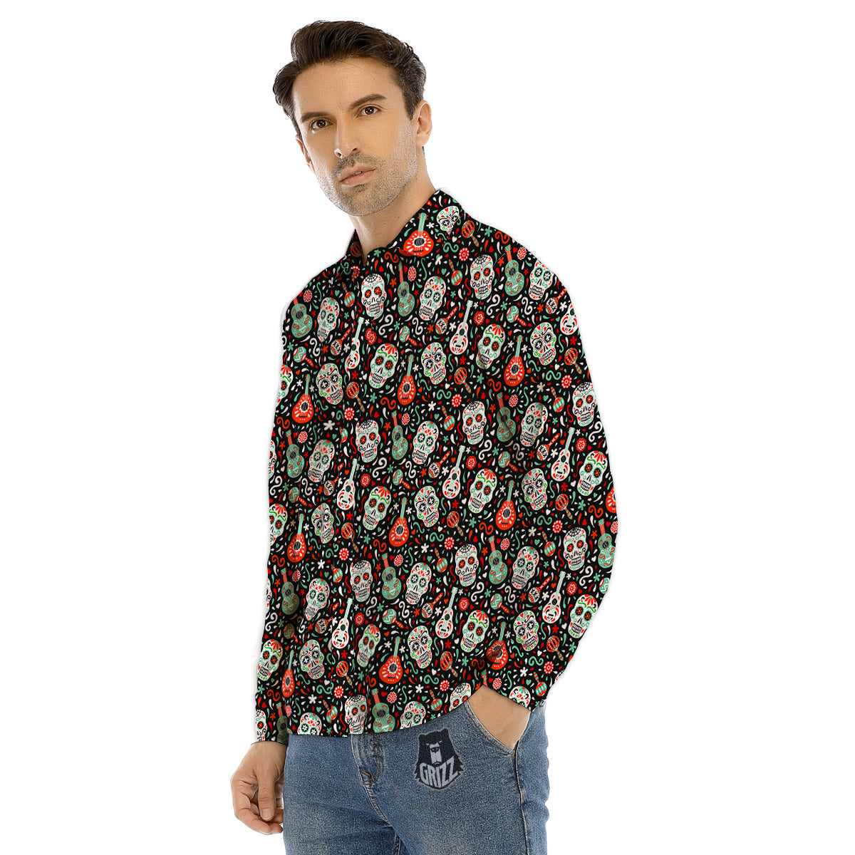 Day Of The Dead Calaveras Print Pattern Men's Dress Shirts-grizzshop