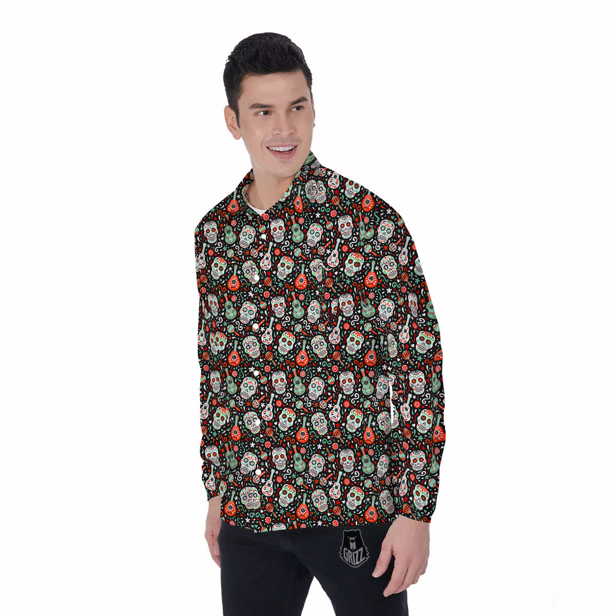 Day Of The Dead Calaveras Print Pattern Men's Long Sleeve Shirts-grizzshop
