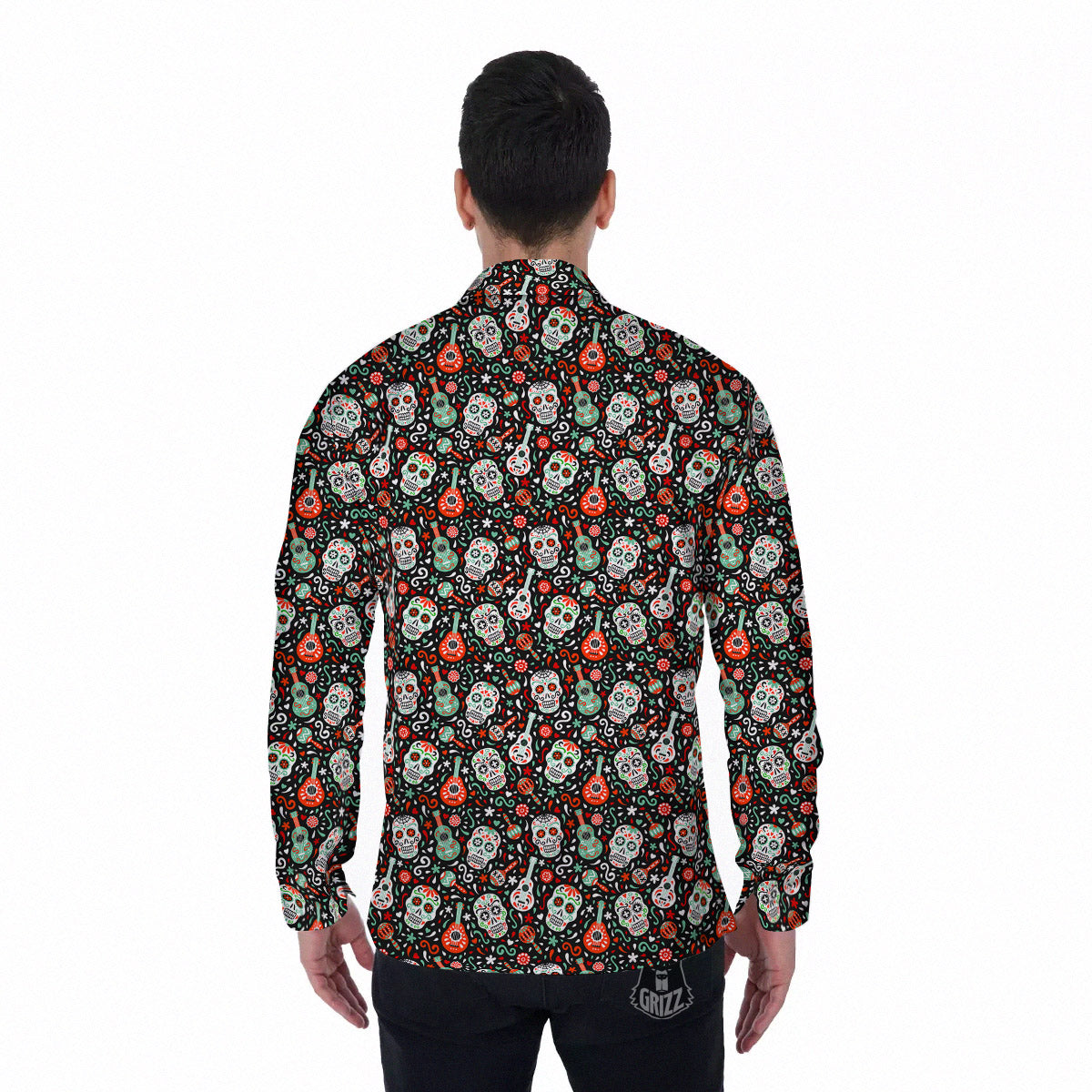 Day Of The Dead Calaveras Print Pattern Men's Long Sleeve Shirts-grizzshop