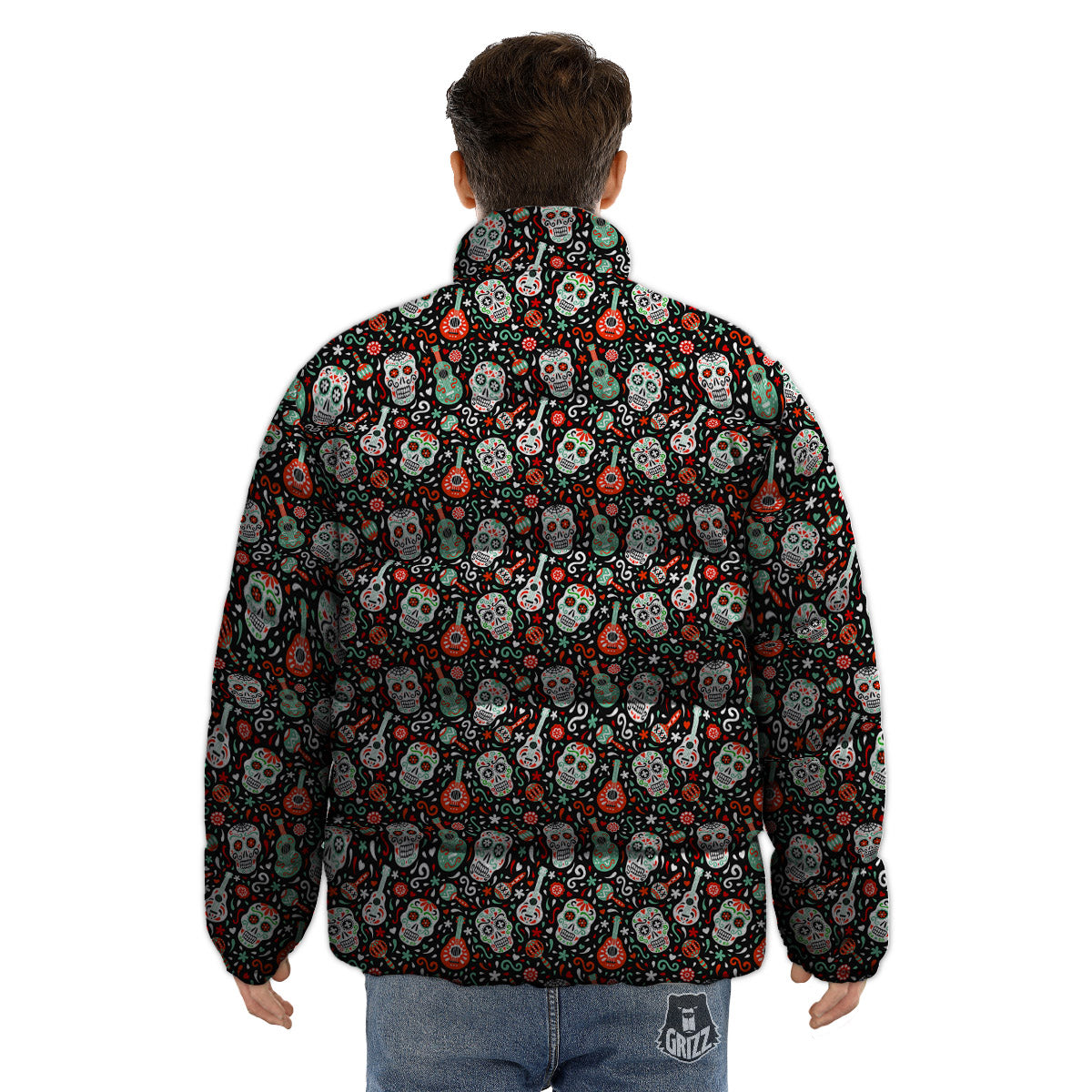Day Of The Dead Calaveras Print Pattern Puffer Jacket-grizzshop