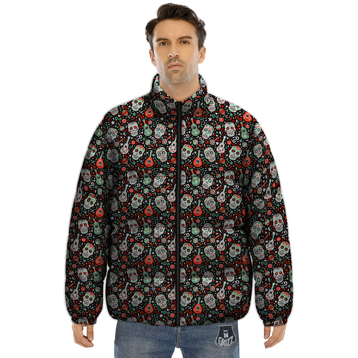 Day Of The Dead Calaveras Print Pattern Puffer Jacket-grizzshop