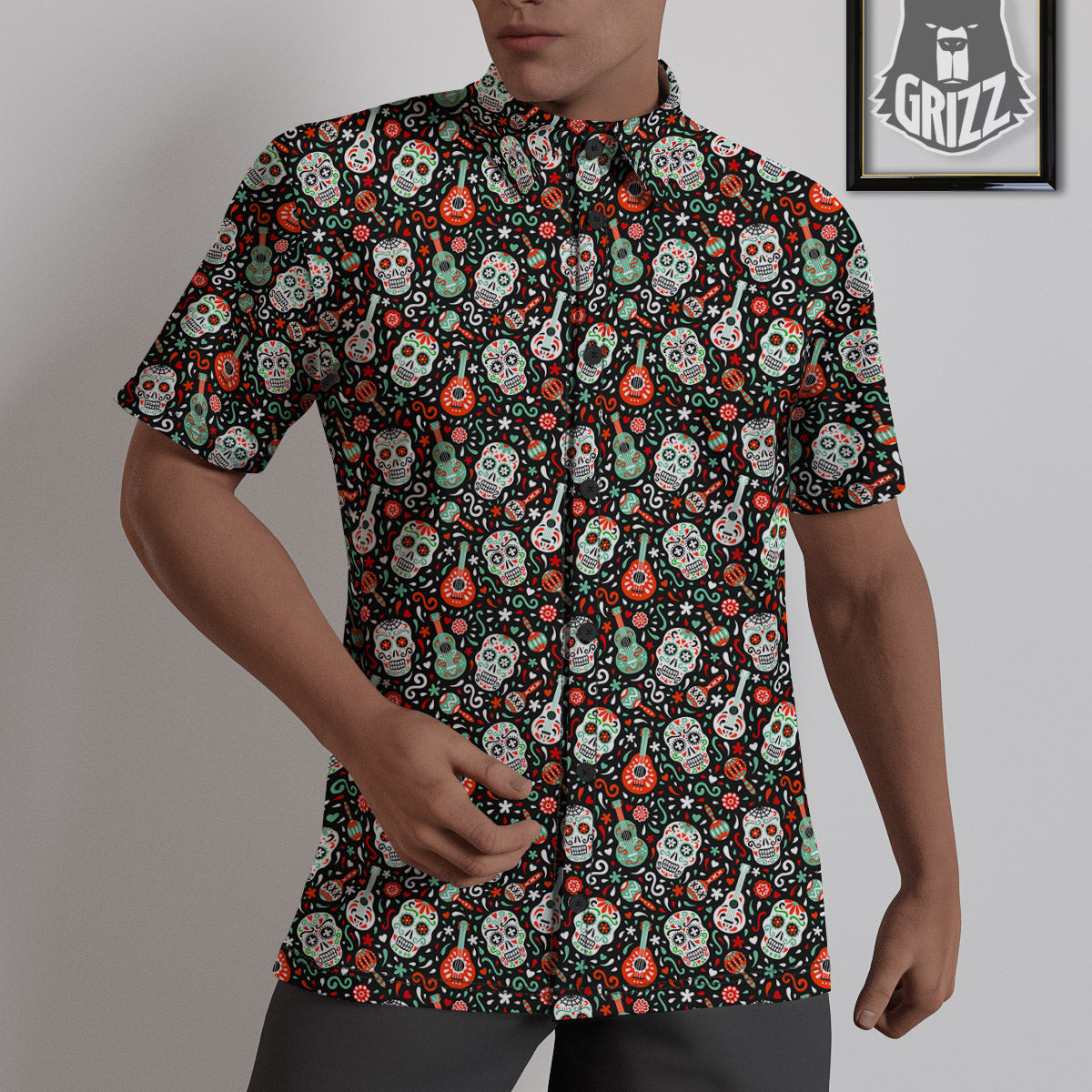 Day Of The Dead Calaveras Print Pattern Untucked Shirts-grizzshop