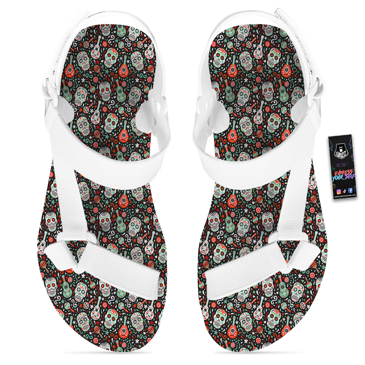 Day Of The Dead Calaveras Print Pattern White Open Toe Sandals-grizzshop