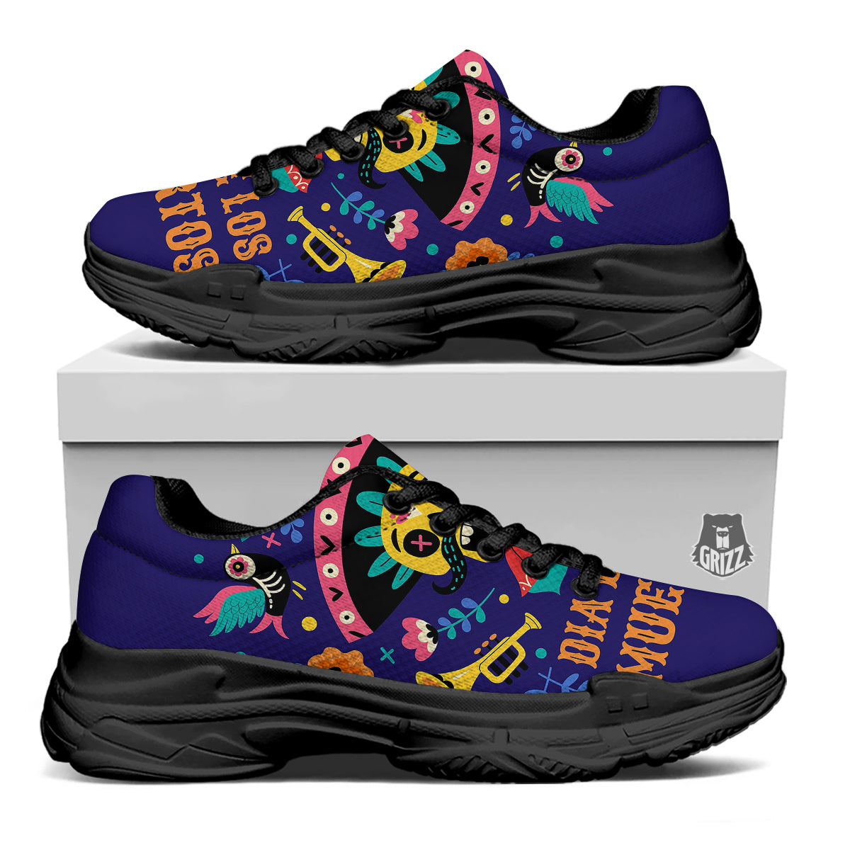 Day Of The Dead Cinco de Mayo Print Black Chunky Shoes-grizzshop