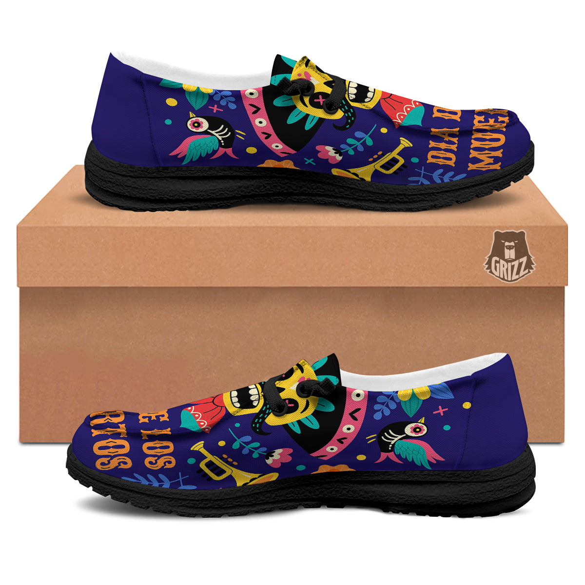 Day Of The Dead Cinco de Mayo Print Black Loafers-grizzshop