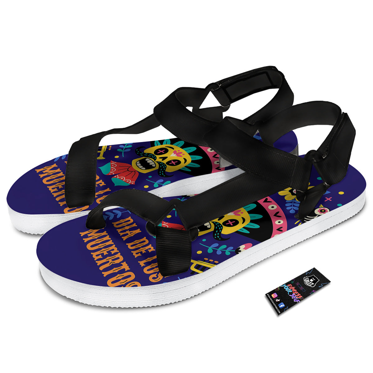 Day Of The Dead Cinco de Mayo Print Black Open Toe Sandals-grizzshop