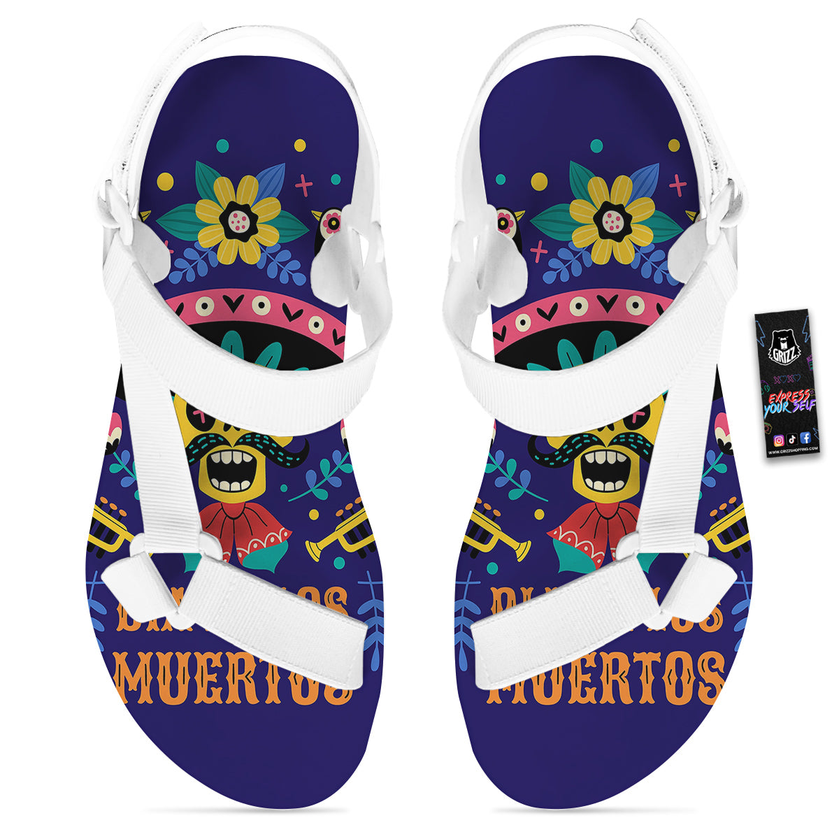Day Of The Dead Cinco de Mayo Print White Open Toe Sandals-grizzshop