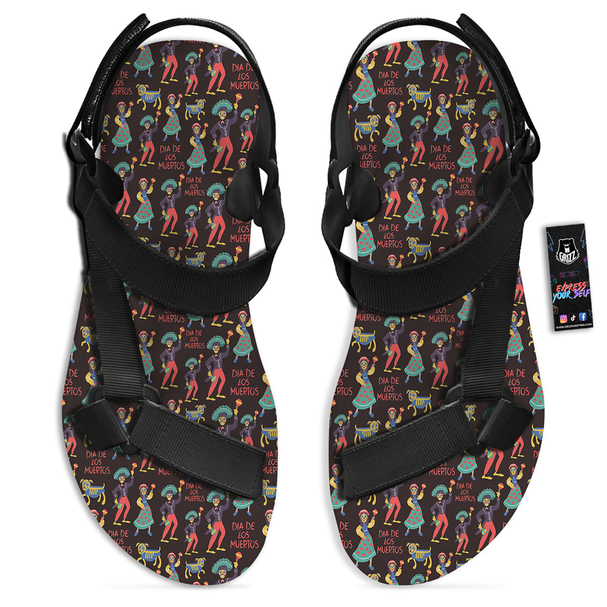 Day Of The Dead Dia De Los Muertos Print Pattern Black Open Toe Sandals-grizzshop
