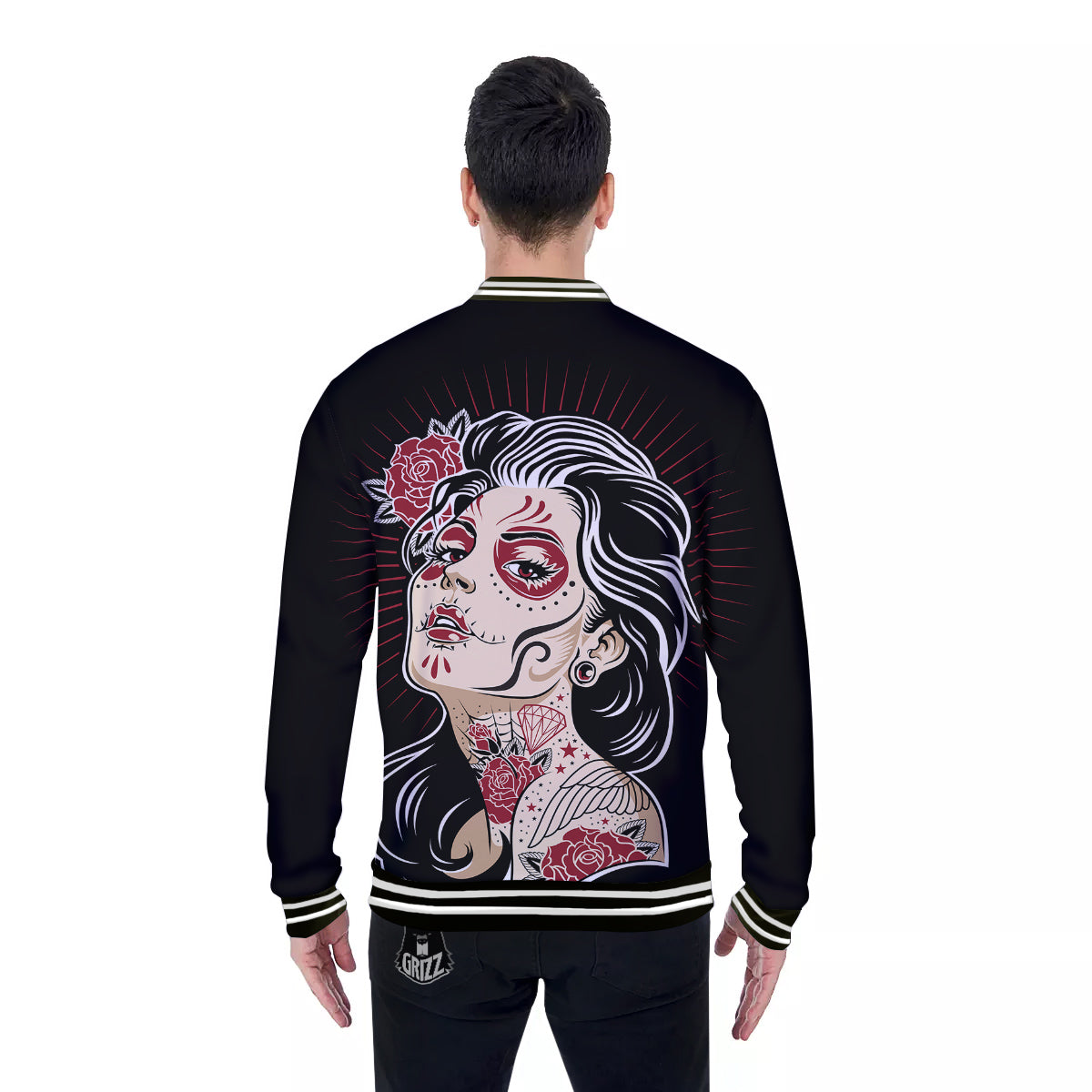 Day of The Dead Calavera Girl Print Baseball Jacket-grizzshop