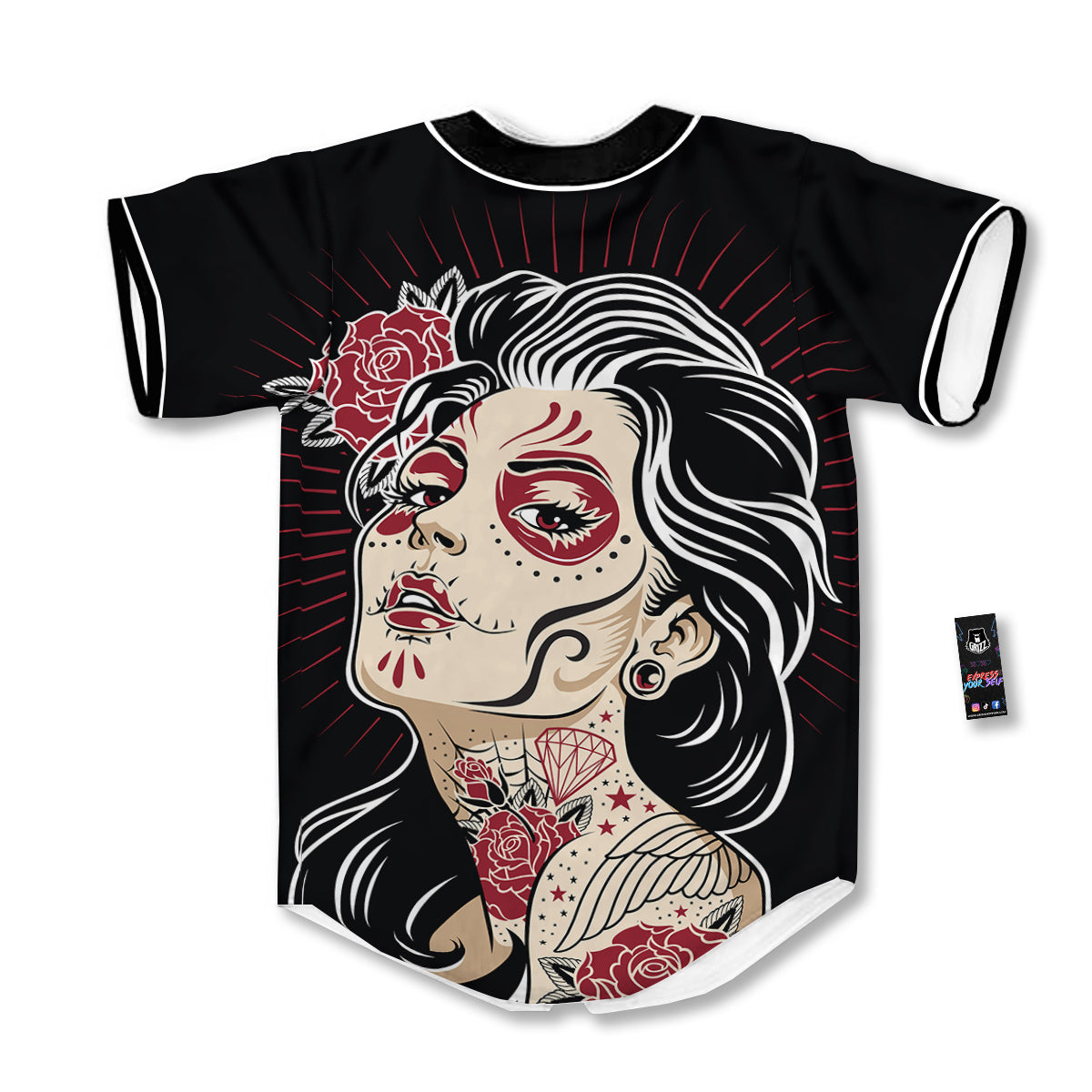 Day of The Dead Calavera Girl Print Baseball Jersey-grizzshop