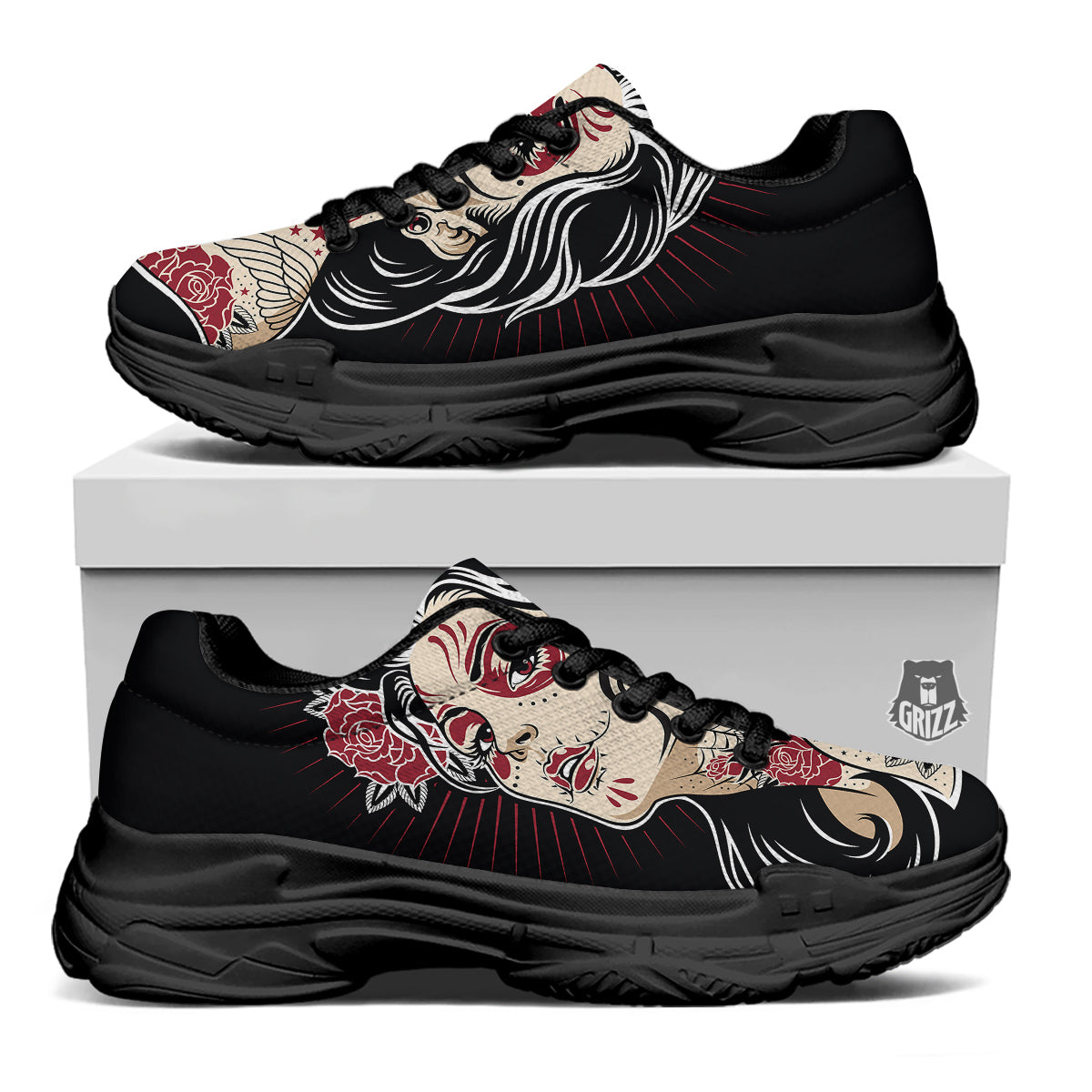 Day of The Dead Calavera Girl Print Black Chunky Shoes-grizzshop