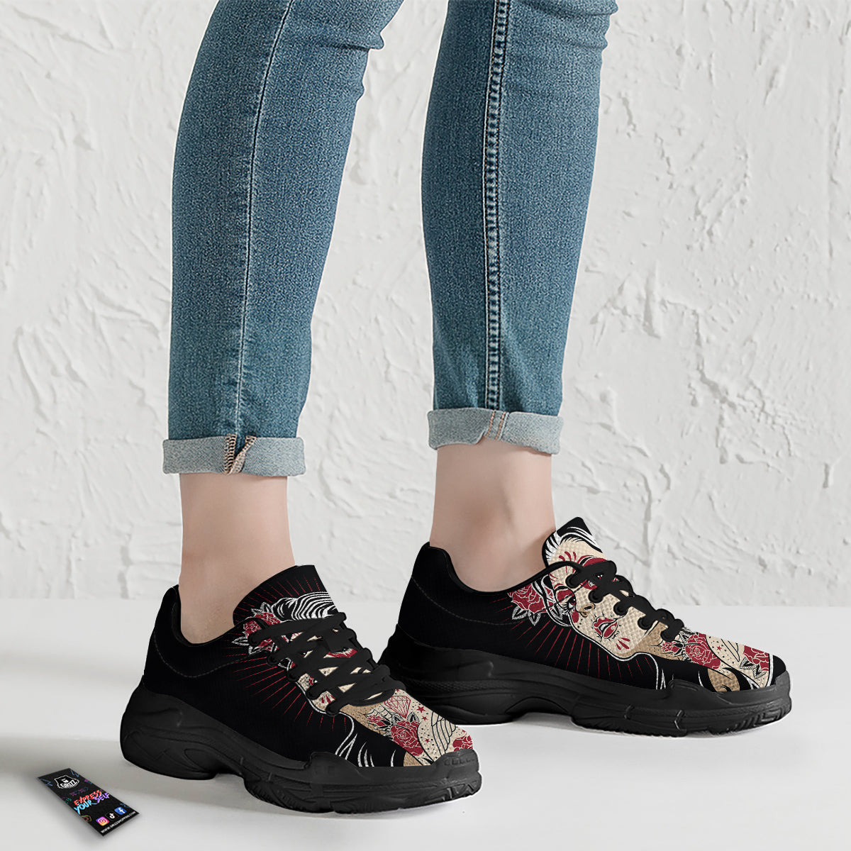 Day of The Dead Calavera Girl Print Black Chunky Shoes-grizzshop