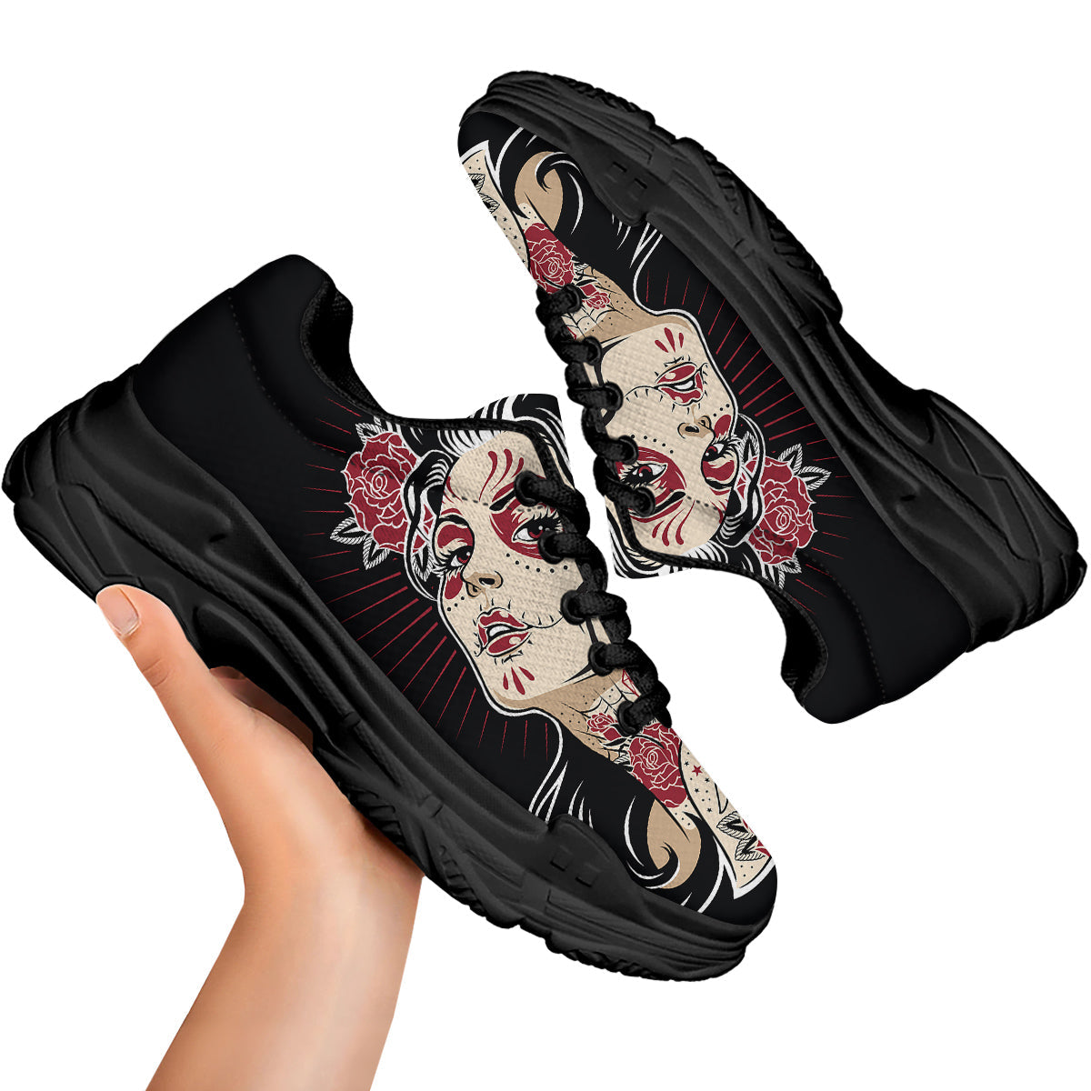 Day of The Dead Calavera Girl Print Black Chunky Shoes-grizzshop