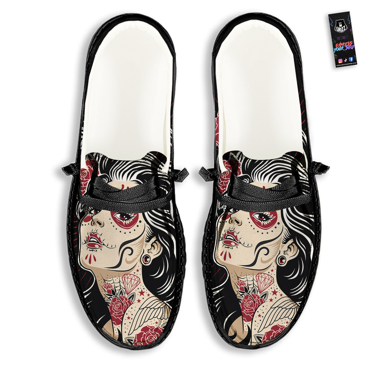 Day of The Dead Calavera Girl Print Black Loafers-grizzshop