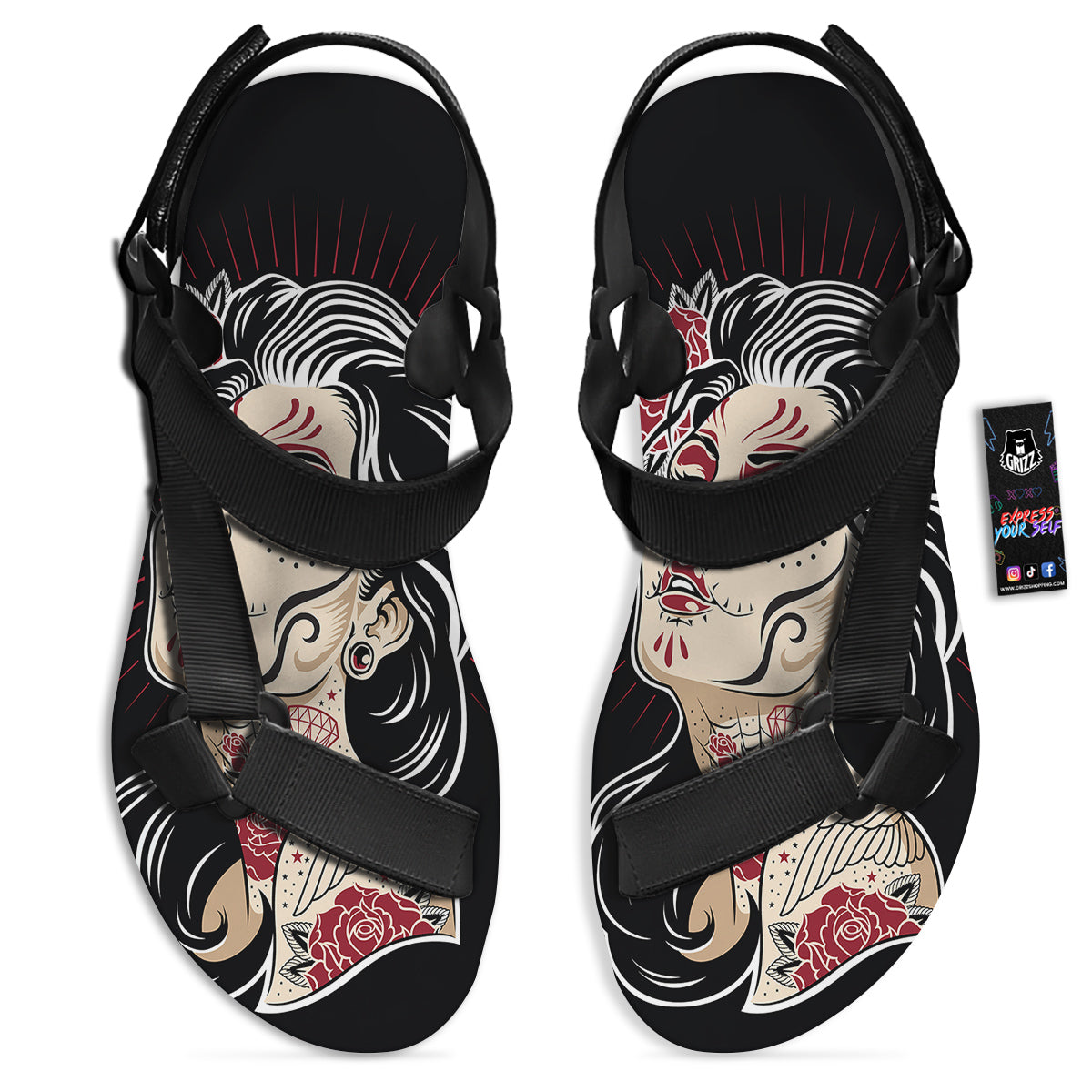 Day of The Dead Calavera Girl Print Black Open Toe Sandals-grizzshop