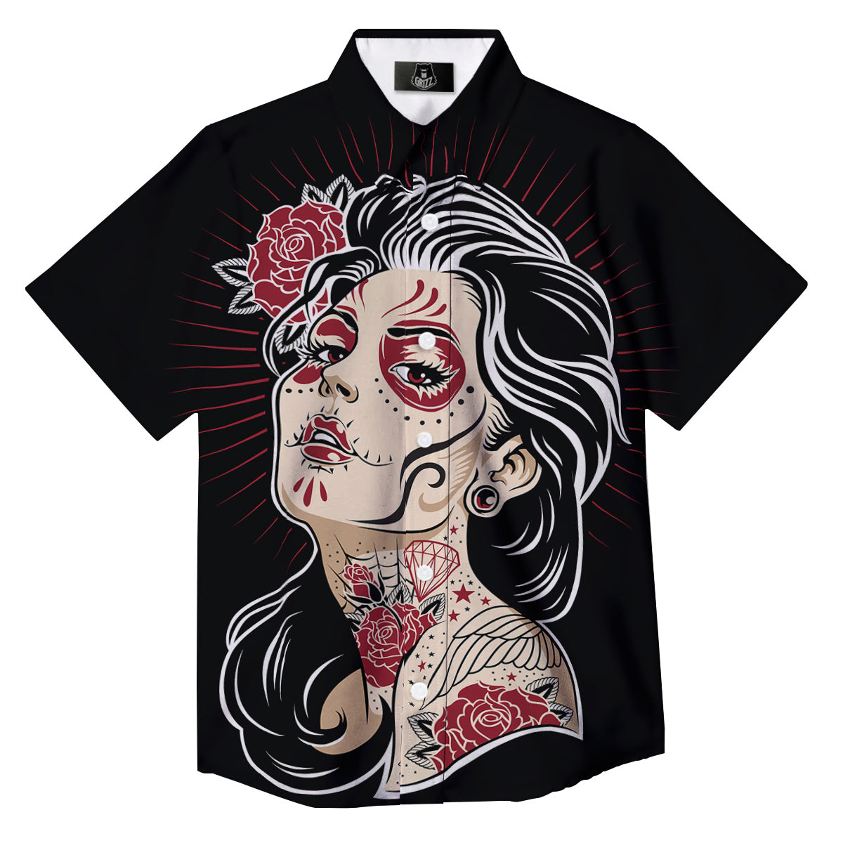 Day of The Dead Calavera Girl Print Button Up Shirt-grizzshop
