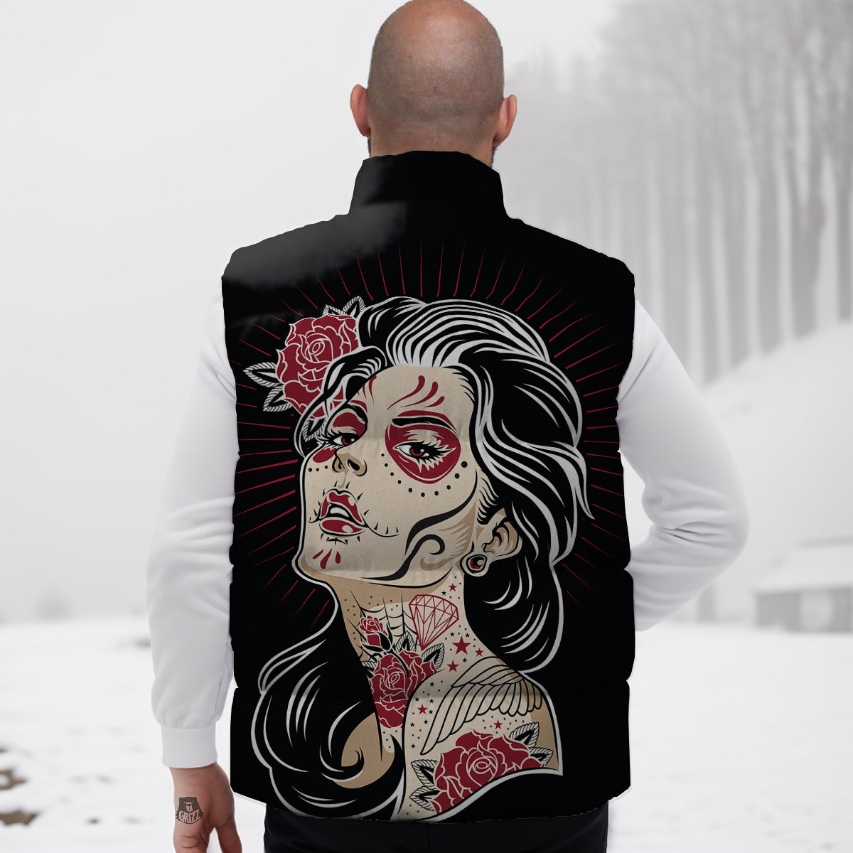 Day of The Dead Calavera Girl Print Down Vest