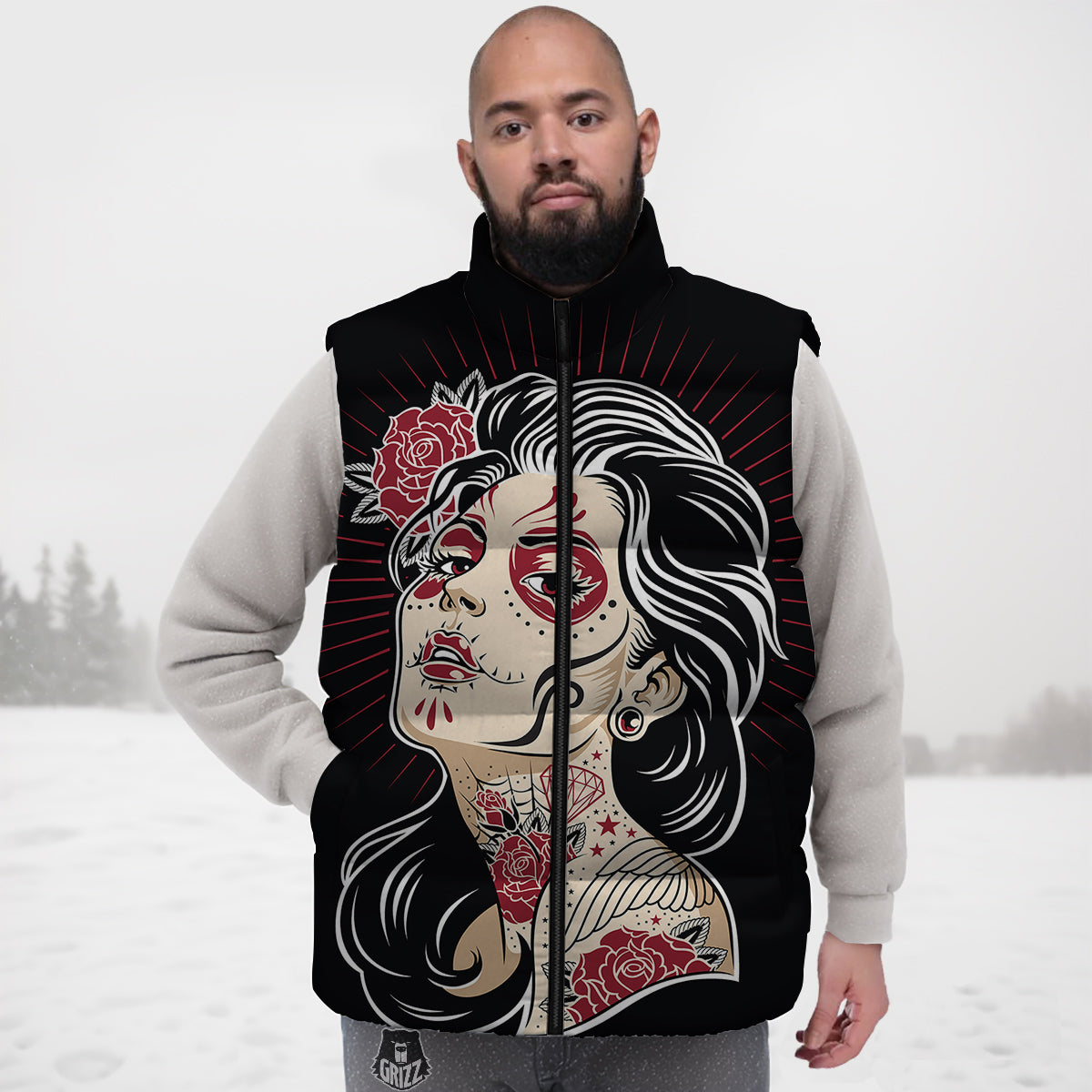 Day of The Dead Calavera Girl Print Down Vest
