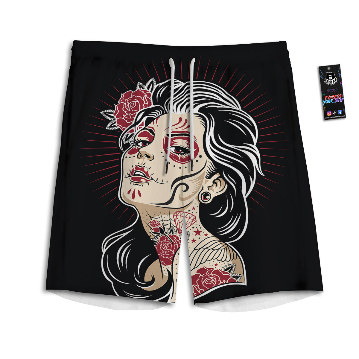 Day of The Dead Calavera Girl Print Men's Athletic Shorts