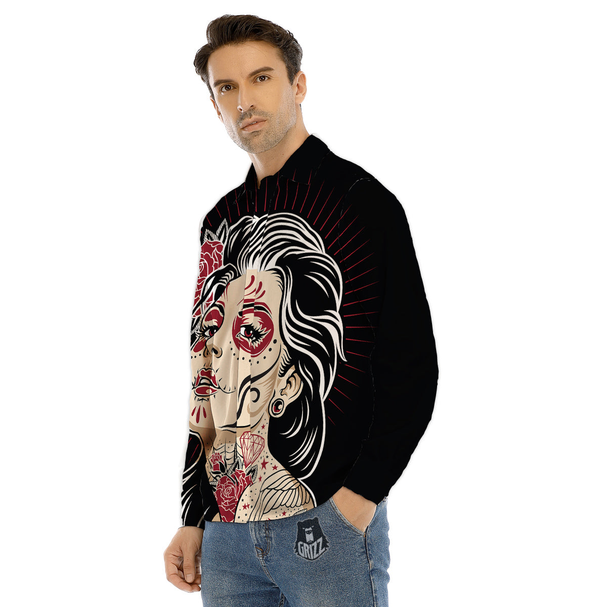 Day of The Dead Calavera Girl Print Men's Dress Shirts-grizzshop